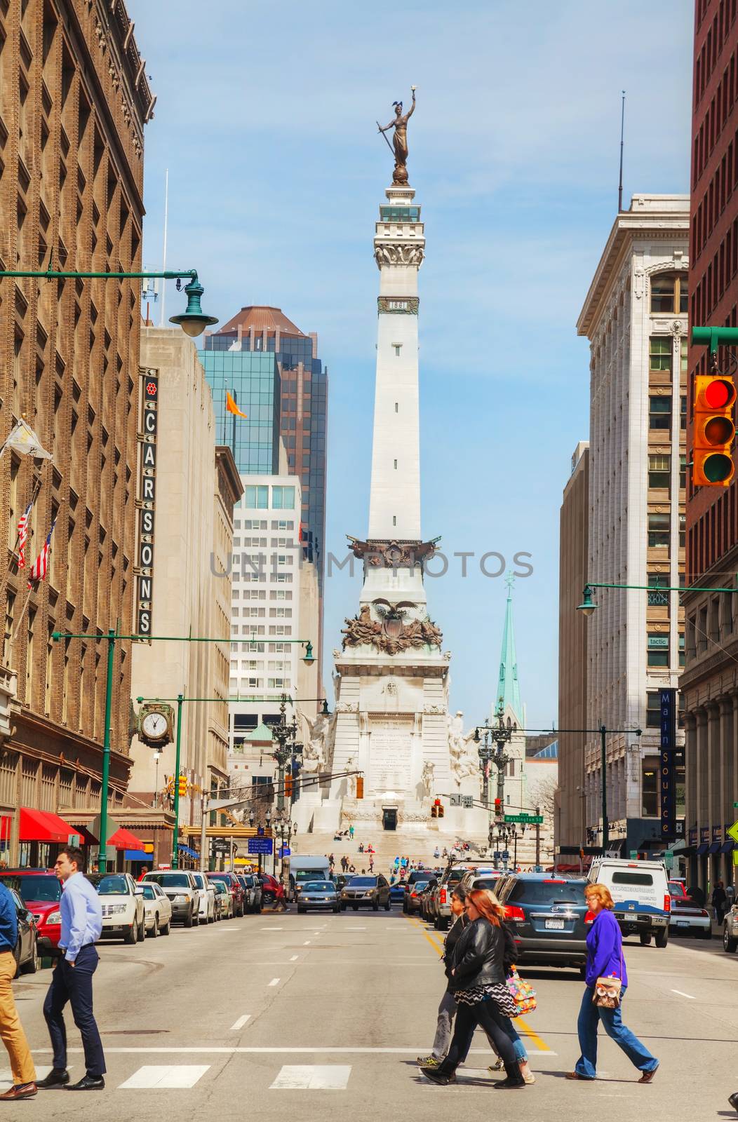 INDIANAPOLIS - APRIL 11: Downtown of Indianapolis with the Sailors and Soldiers Monument on April 11, 2014 in Indianapolis, IN. The monument is the first in the US dedicated to the common soldier.