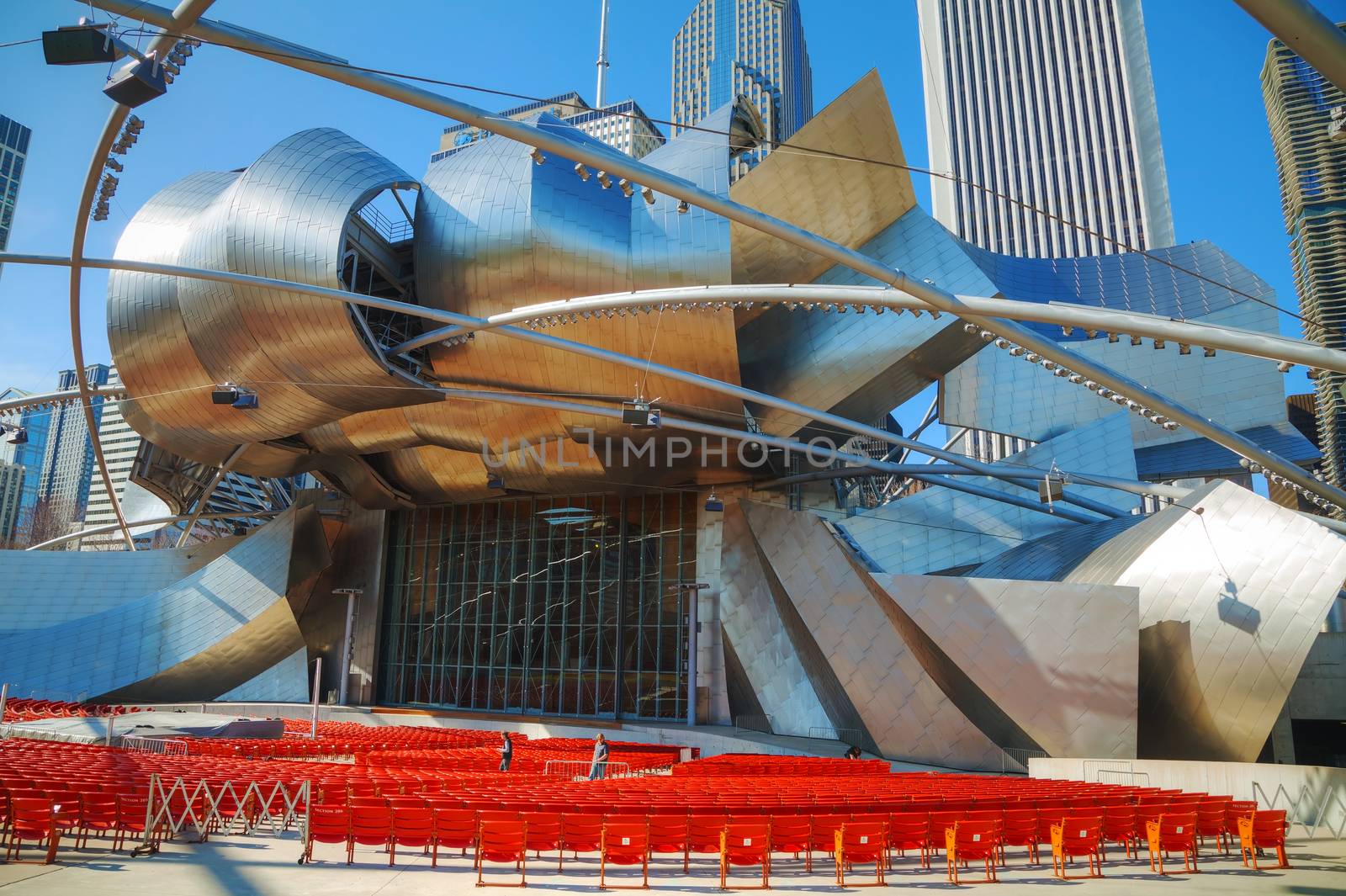 CHICAGO - APRIL 9: Jay Pritzker Pavilion in Millennium Park on April 9, 2014 in Chicago, Illinois. It serves as the centerpiece for Millennium Park and is the new home of the Grant Park Symphony Orchestra.