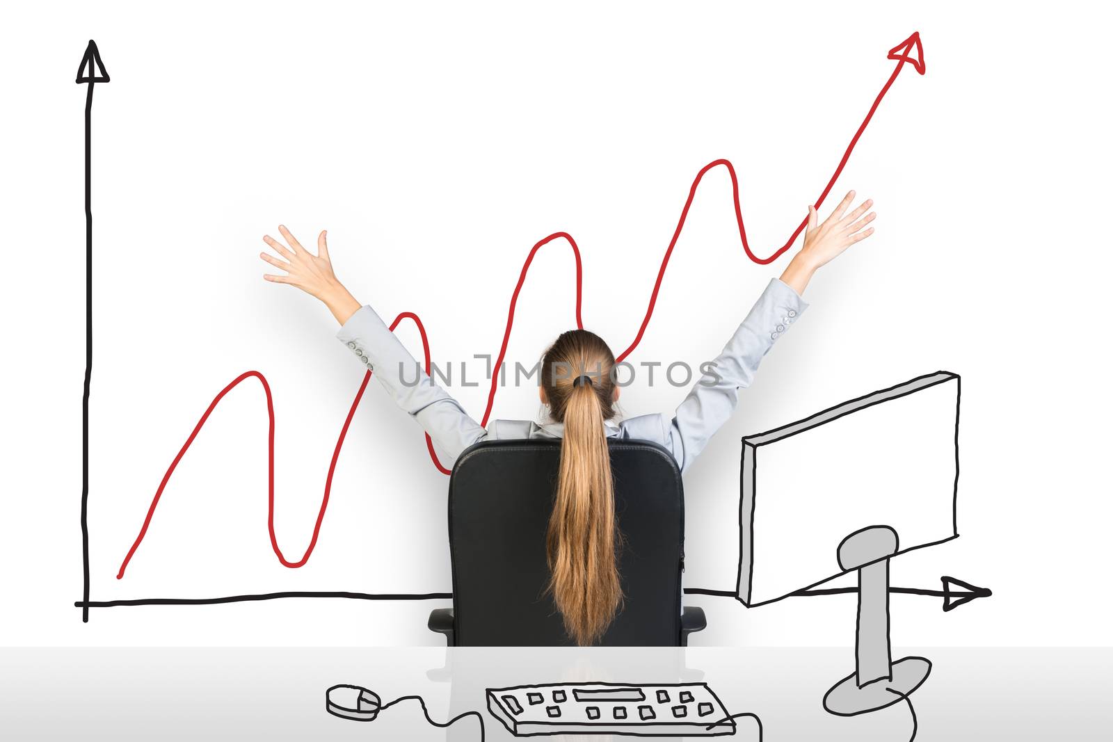 Smiling businesswoman sitting in the chair and raising hands with graph on background, rear view
