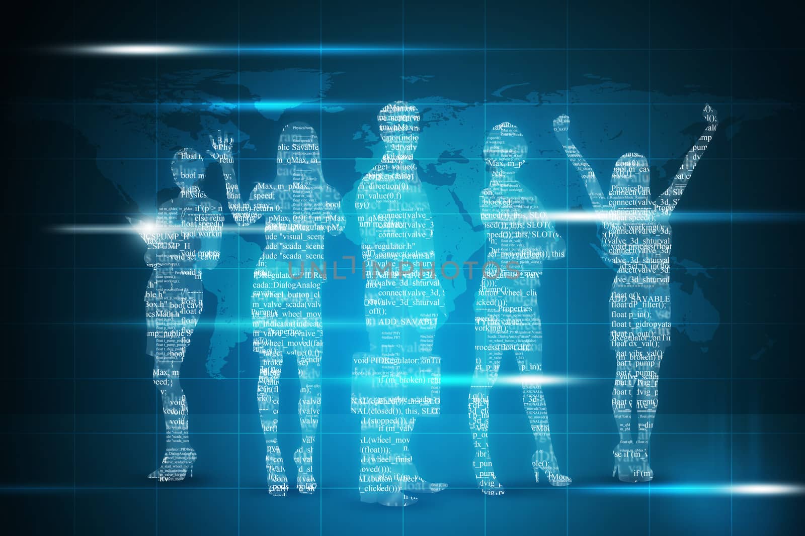 Abstract silhouette of businesspeople in different postures on blue background with world map