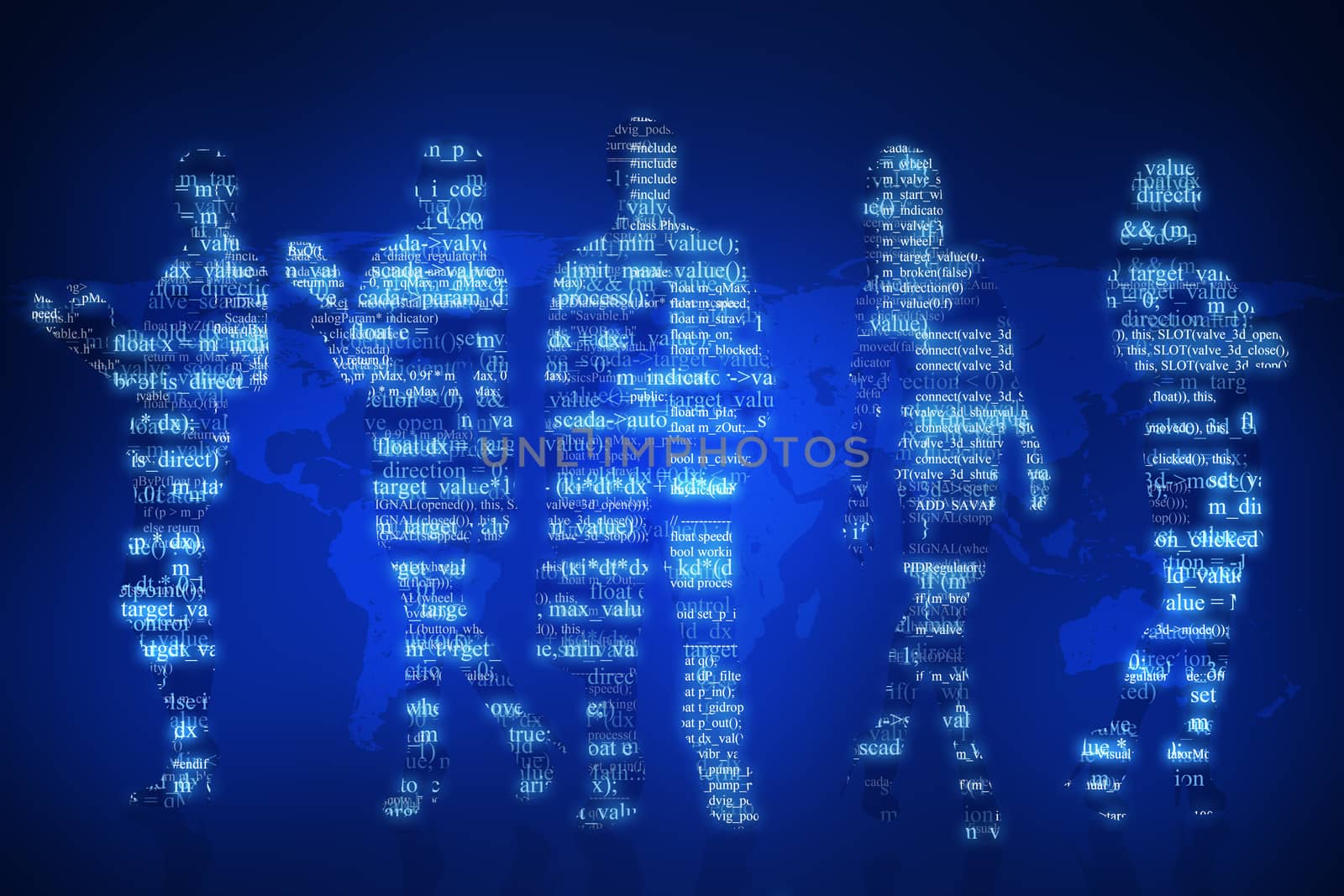 Abstract silhouette of businesspeople on blue background with world map