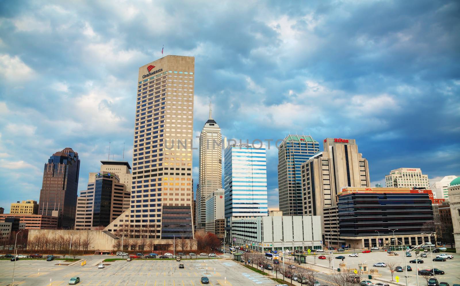 INDIANAPOLIS - APRIL 11: Downtown overview on April 11, 2014 in Indianapolis, Indiana. It's the capital and most populous city of the U.S. state of Indiana, and also the county seat of Marion County.