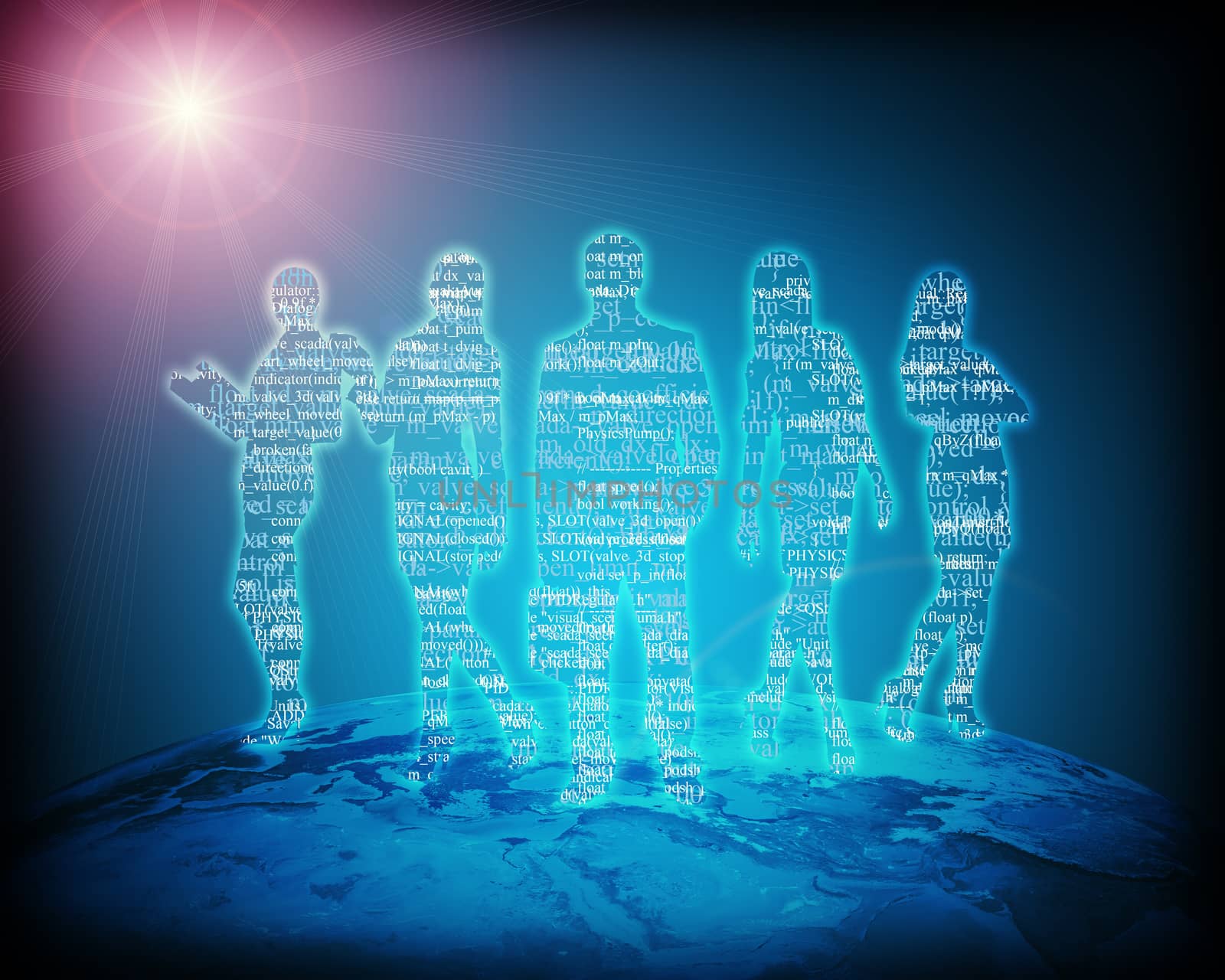 Abstract silhouette of businesspeople standing on earth on blue background. Elements of this image furnished by NASA 