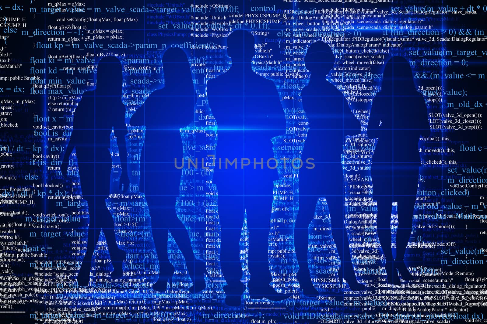 Silhouette of businesspeople in different postures on abstract blue background 