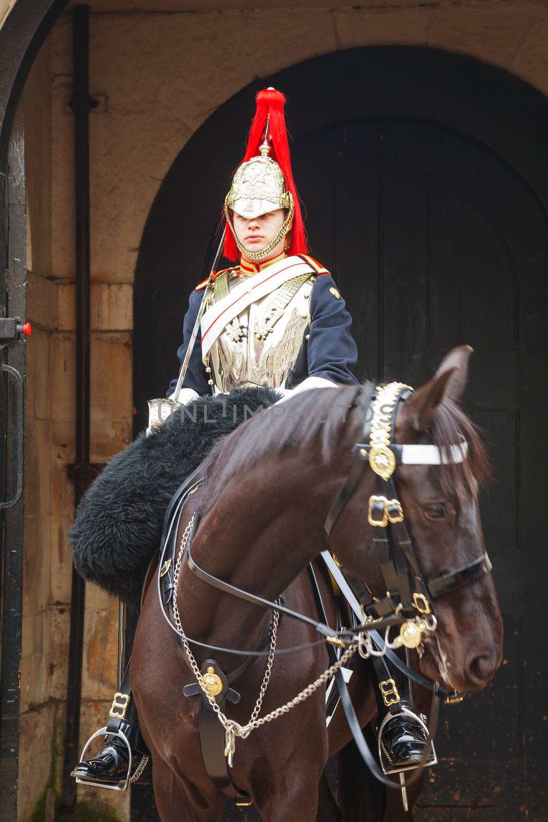 LONDON - APRIL 4: Life Guard of the Household Cavalry on April 4, 2015 in London, UK. The Household Cavalry is part of the Household Division and is the Queen's official bodyguard.