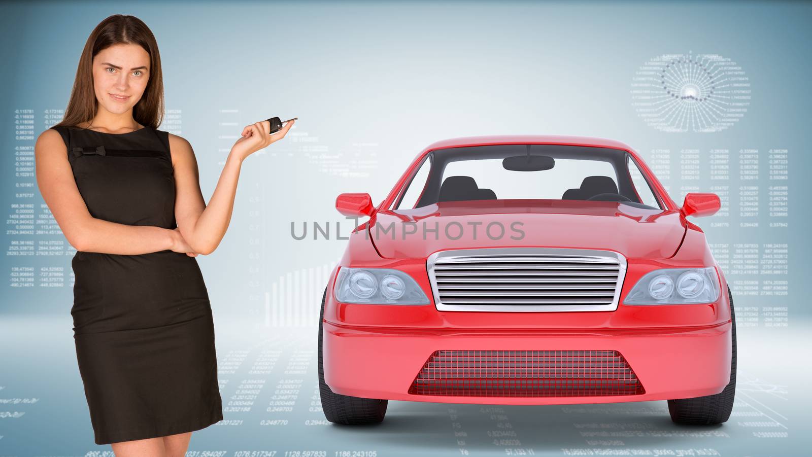 Businesslady holding car key and looking at camera on abstract blue background