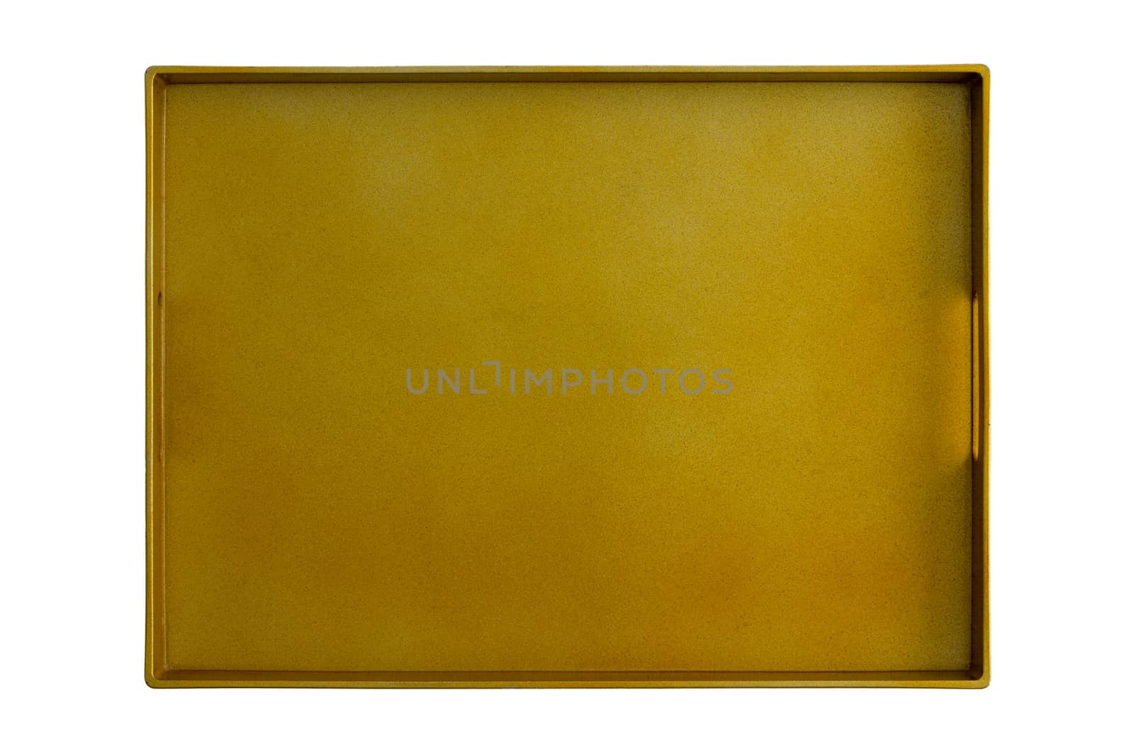 Above view of golden color isolated empty tray waiting to serve foods and drinks, isolated on white.