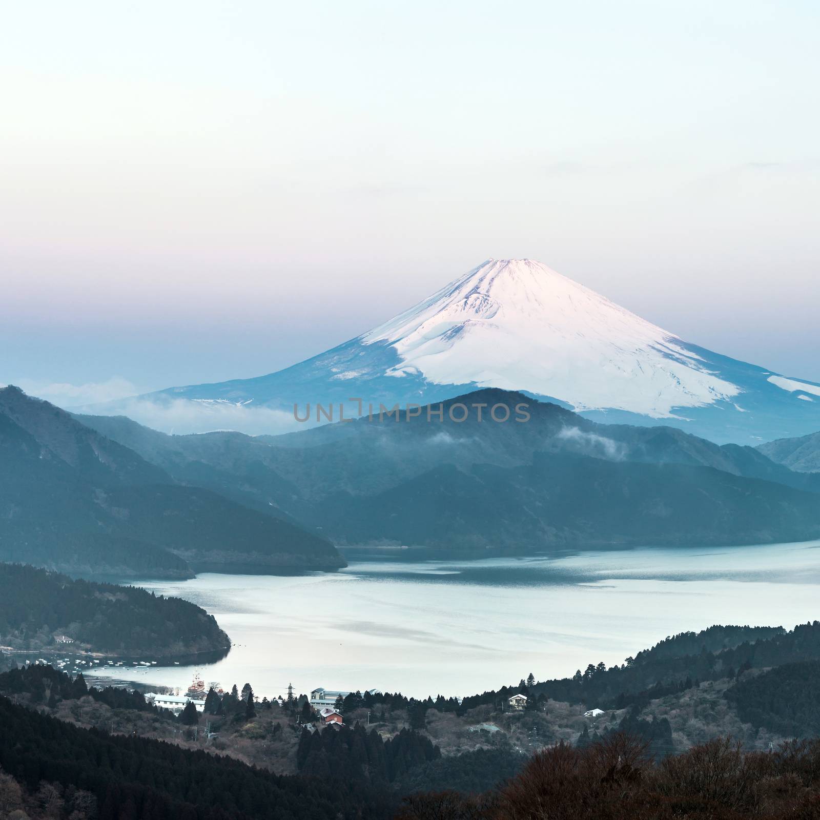 Panorama Mountain Fuji in winter sunrise at Hakone Lake