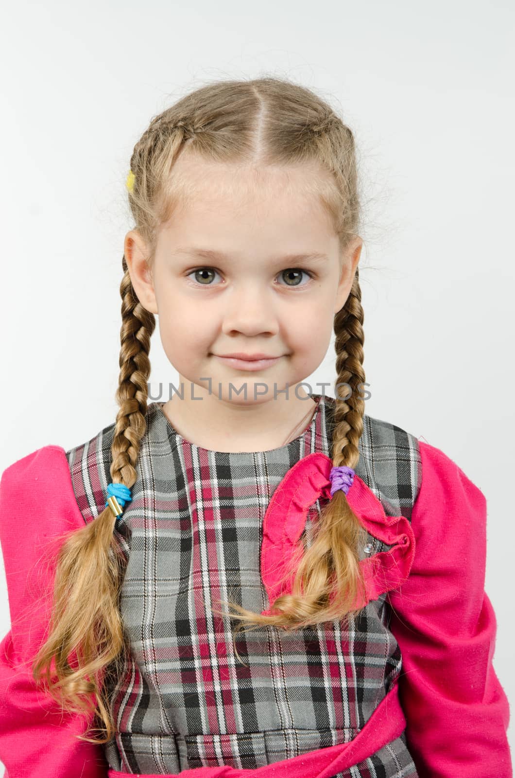 Half-length portrait cheerful fun girl four Europeans