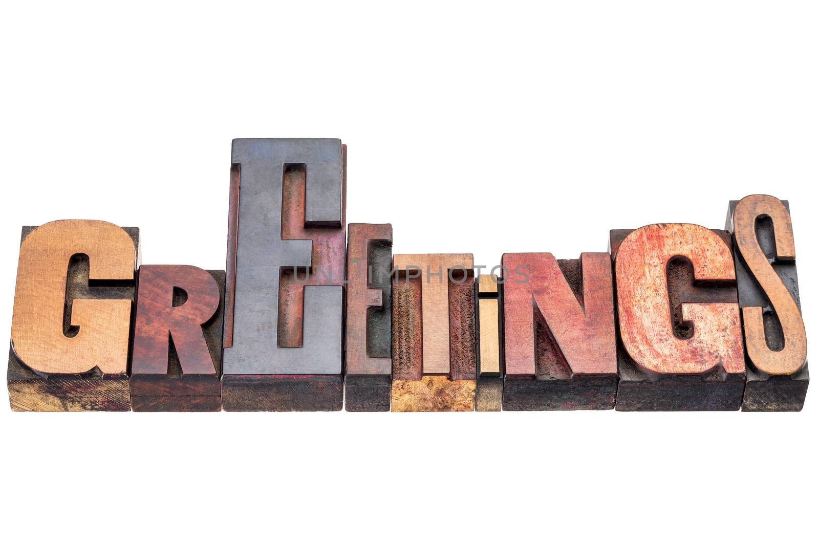 greetings word abstract - isolated text in vintage letterpress wood type printing blocks