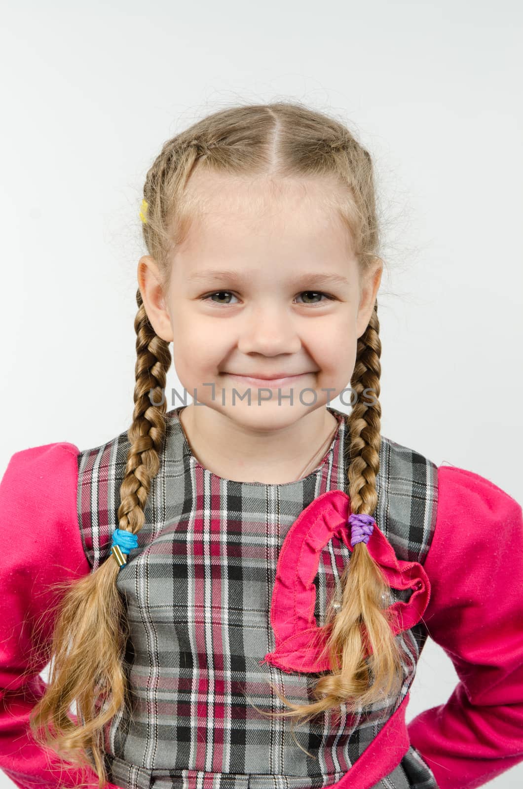 Half-length portrait cheerful fun girl four Europeans