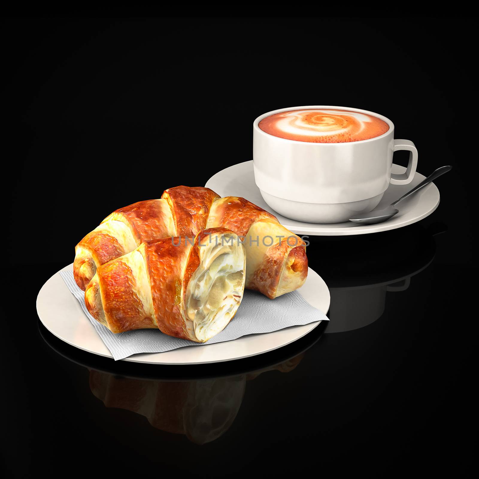 Croissants and coffee cup on a black background