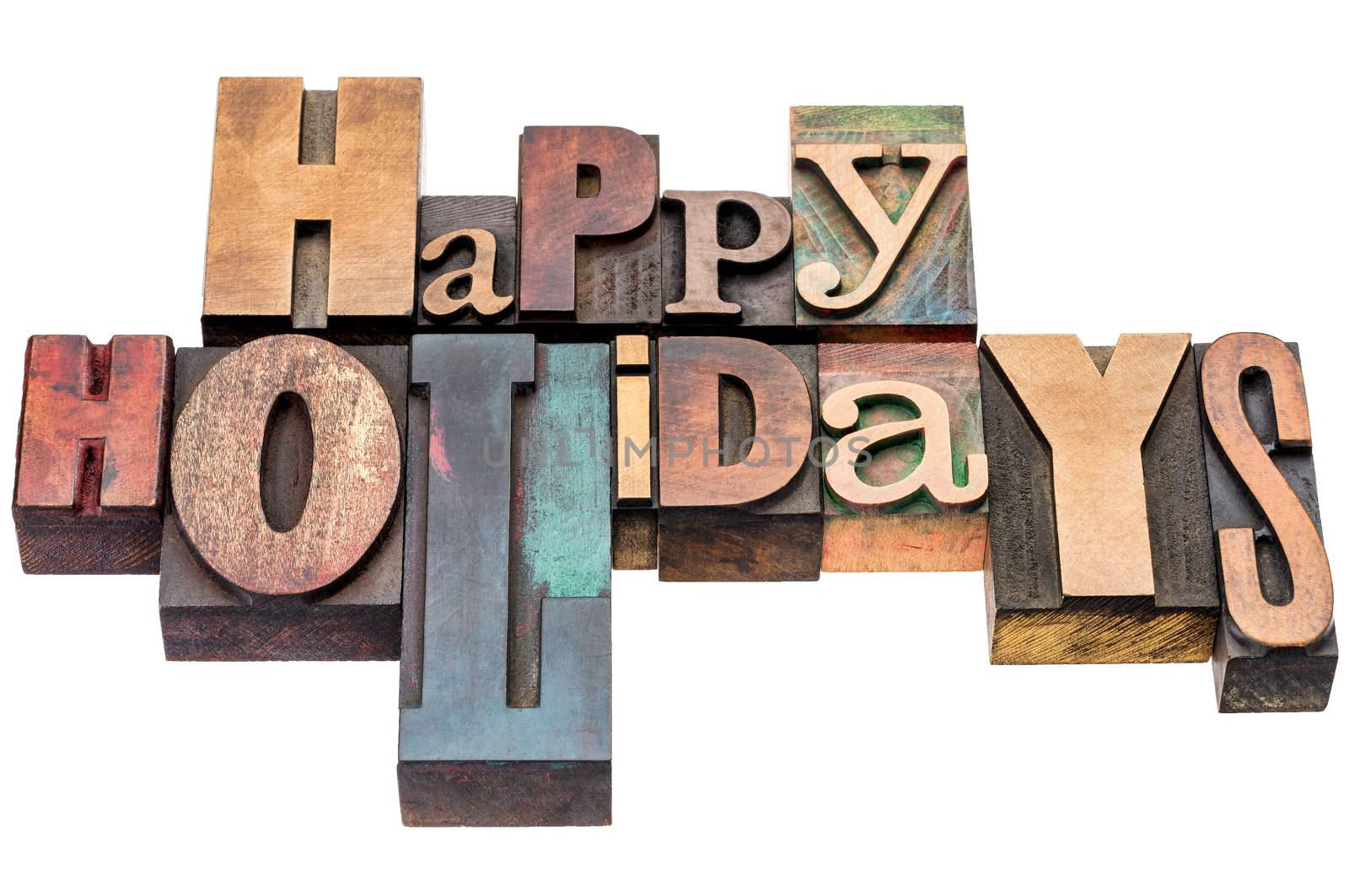 Happy Holidays greetings in wood type by PixelsAway