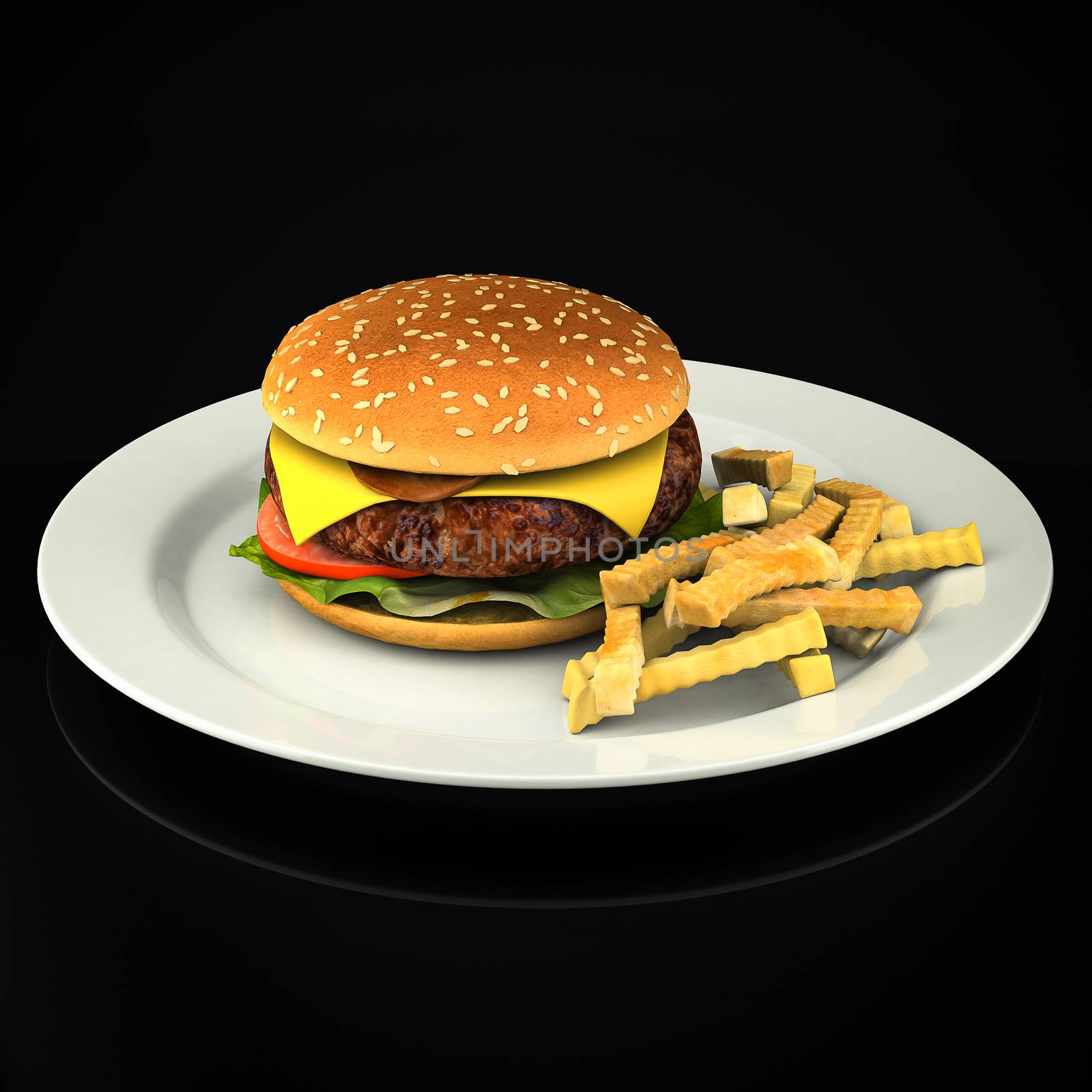 Hamburger and fries on a black background