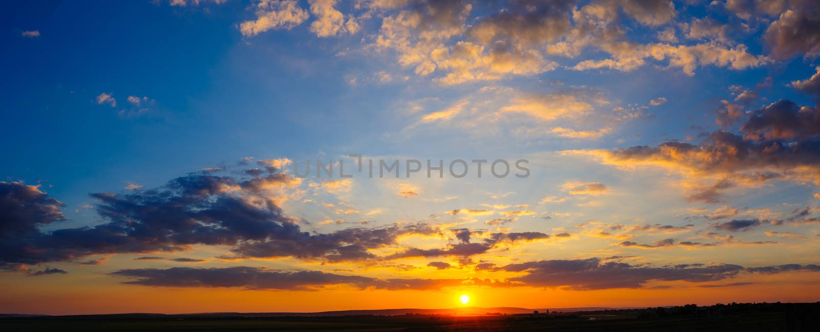 Detailed super high 32 megapixels resolution colorful dramatic sunset panorama stitched from 8 vertical frames