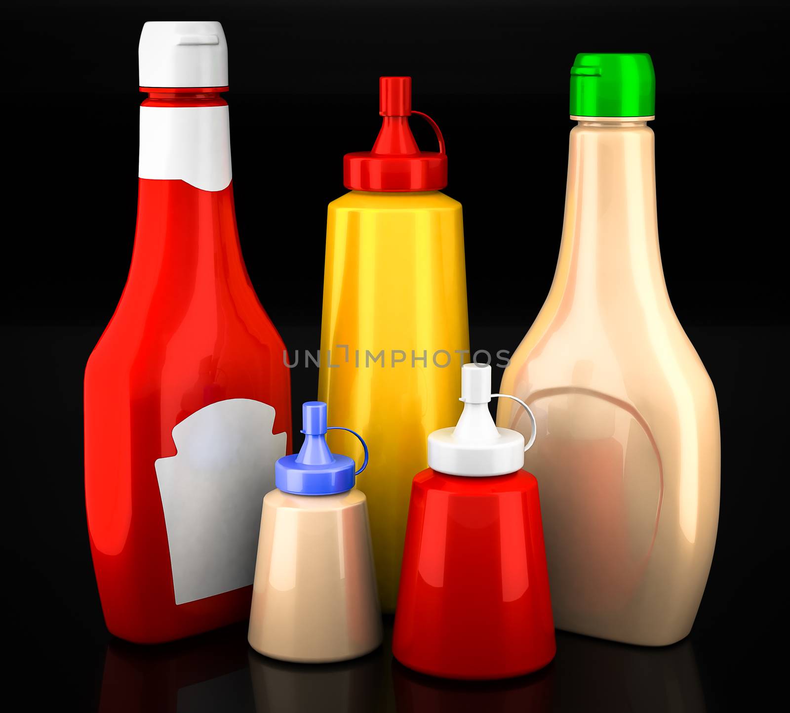 Bottles of ketchup, mustard and mayonnaise by mrgarry