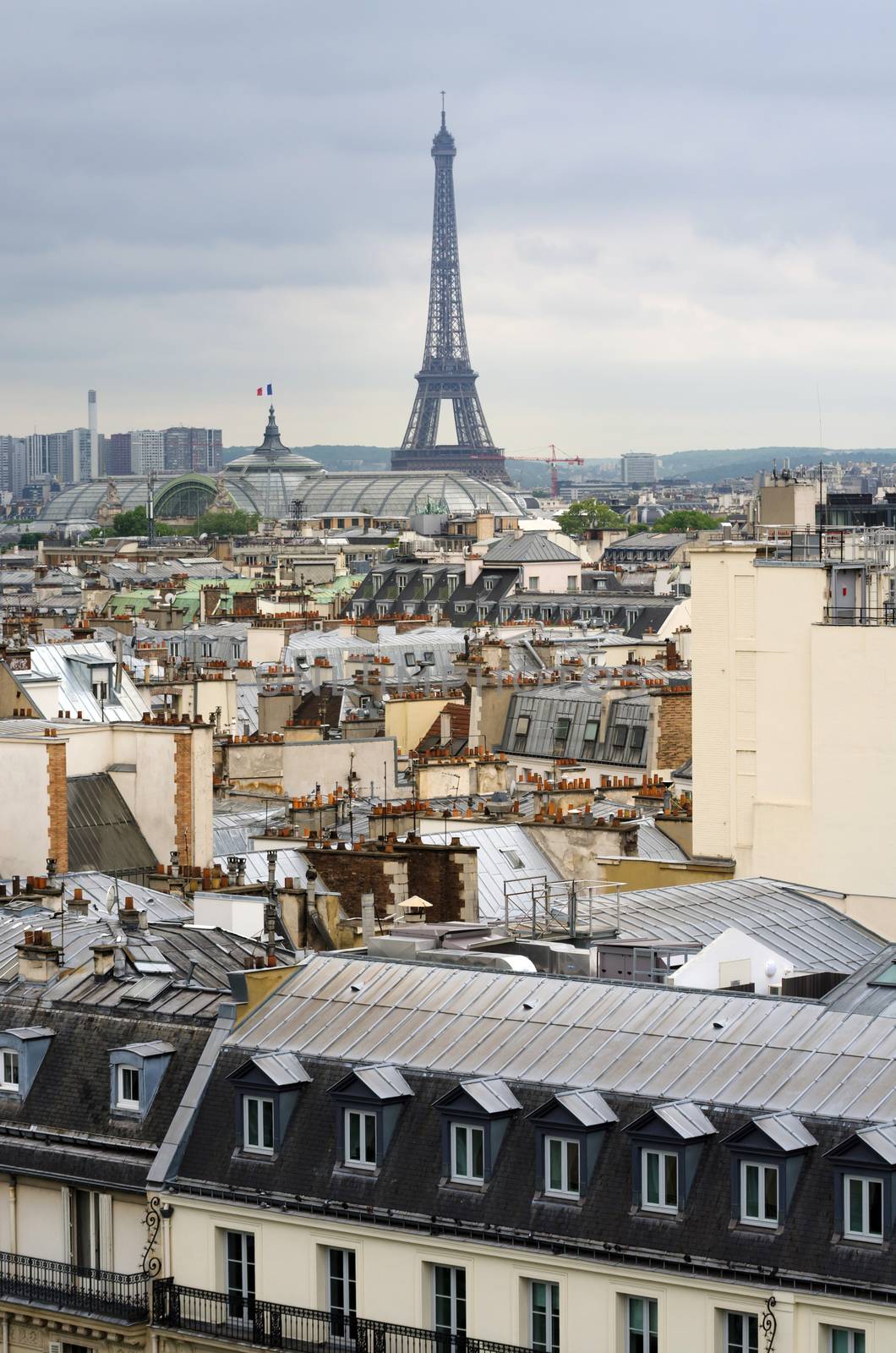 Eiffel Tower with roofs of Paris. by siraanamwong