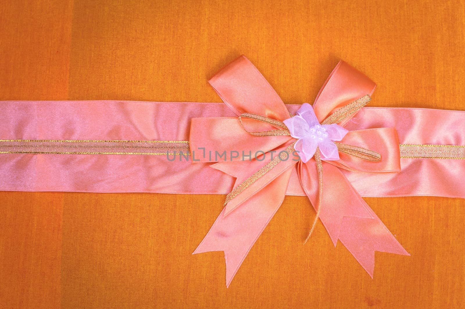 Abstract ribbon bow on fabric background. by ngungfoto