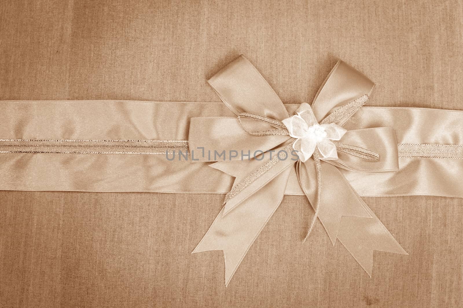 Abstract ribbon bow on fabric background. 