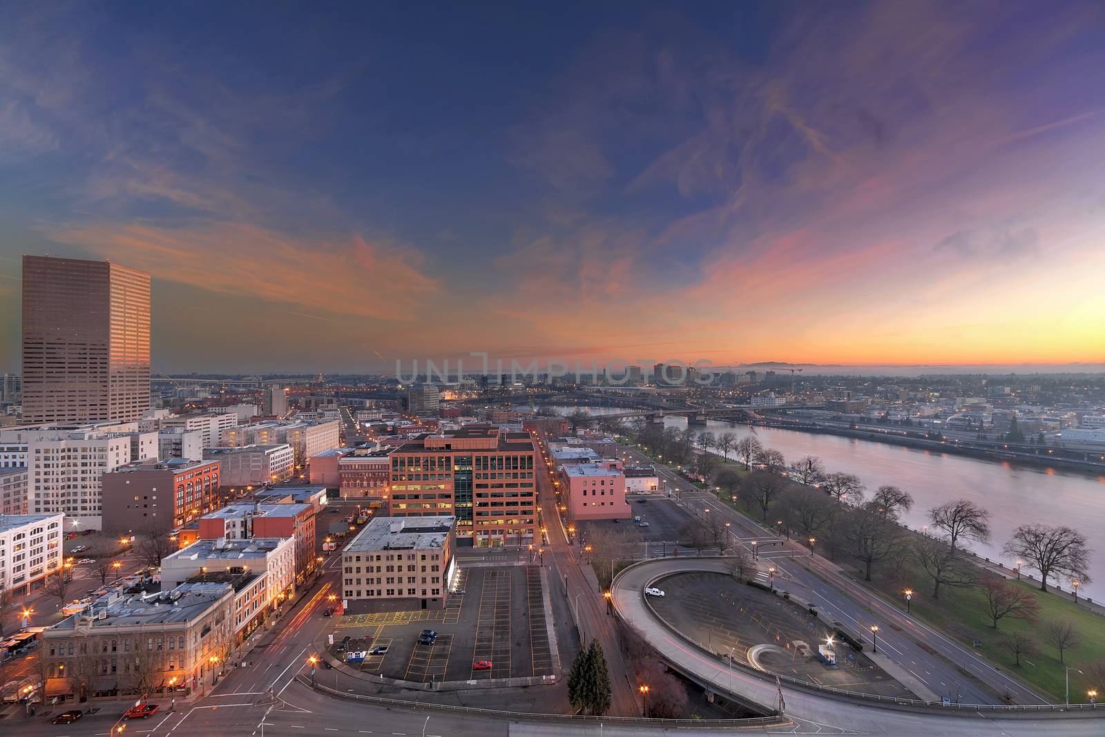 Freeway Ramp to Downtown Portland Oregon along Willamette River Waterfront at Sunrise Cityscape