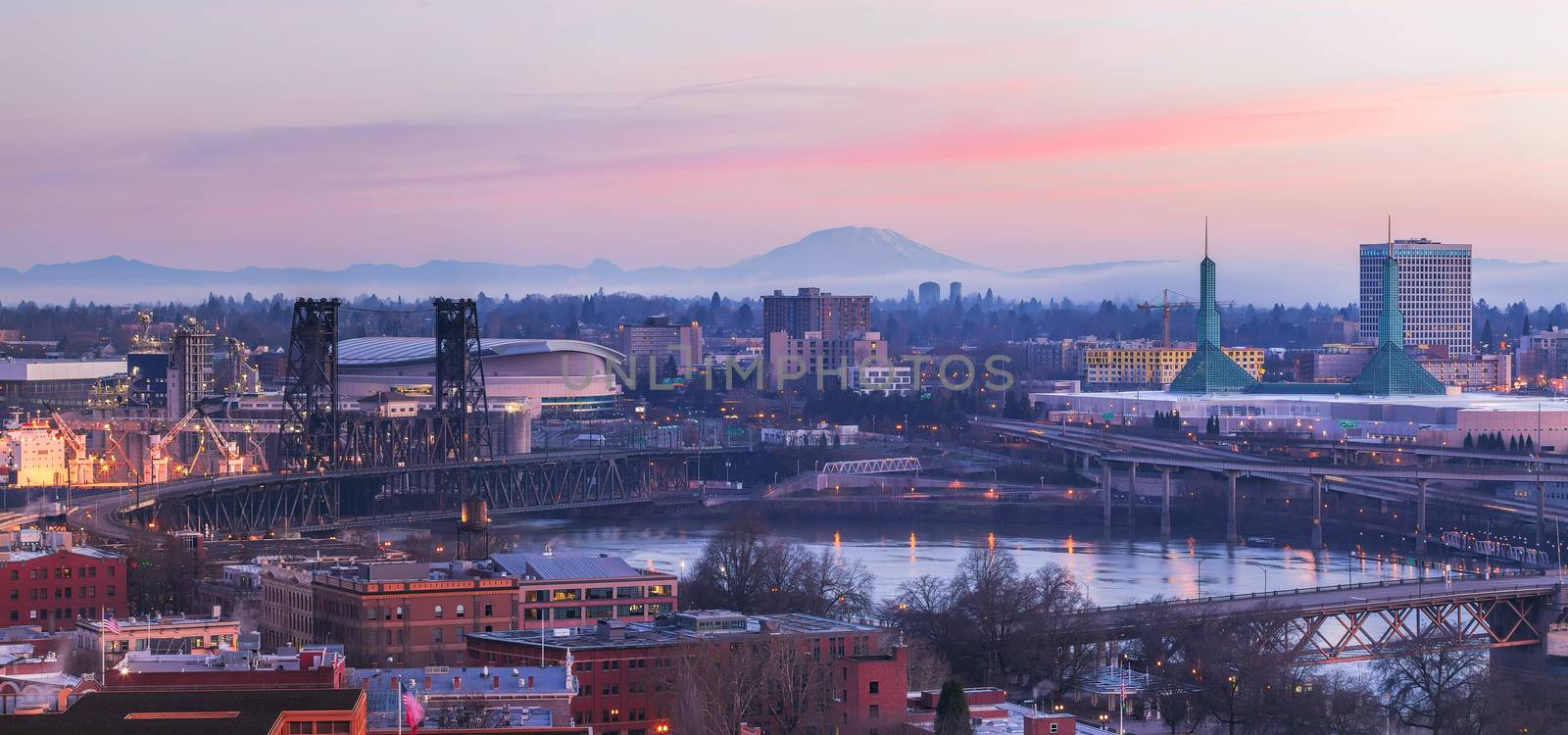 Portland Oregon Cityscape at Sunrise with Mt St Helens View along Willamette River Panorama
