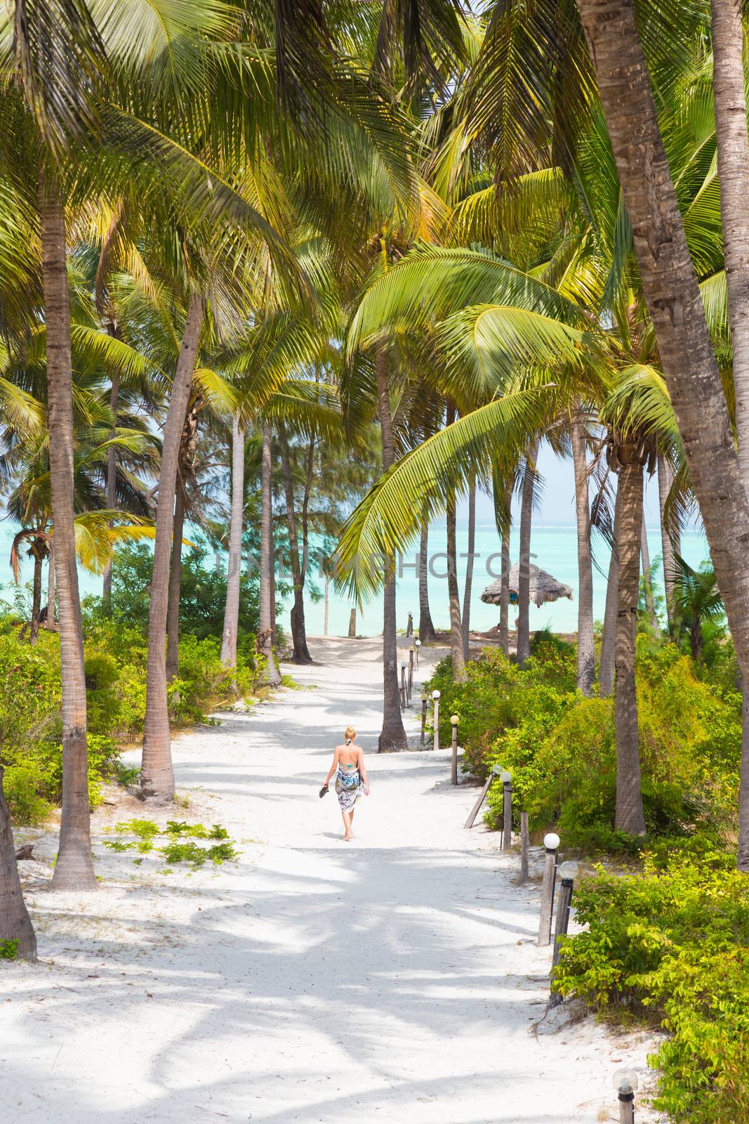 Relaxed  woman on vacations wearing sarong, walking barefooted trough lush green palm garden of  holiday resort on Paje beach, Zanzibar, Tanzania. Vertical composition. Copy space.