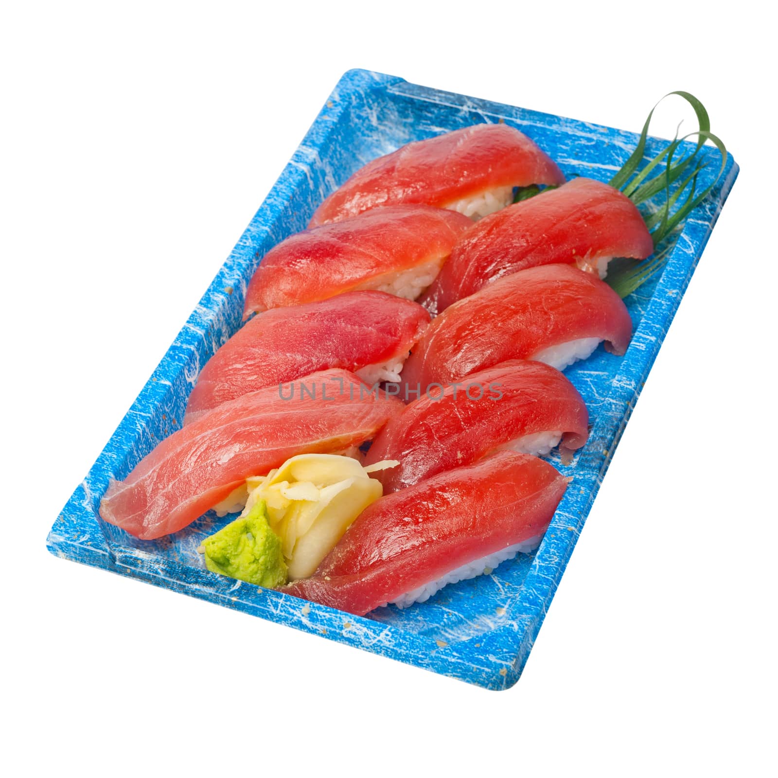 take away selection of fresh sushi express on plastic tray 