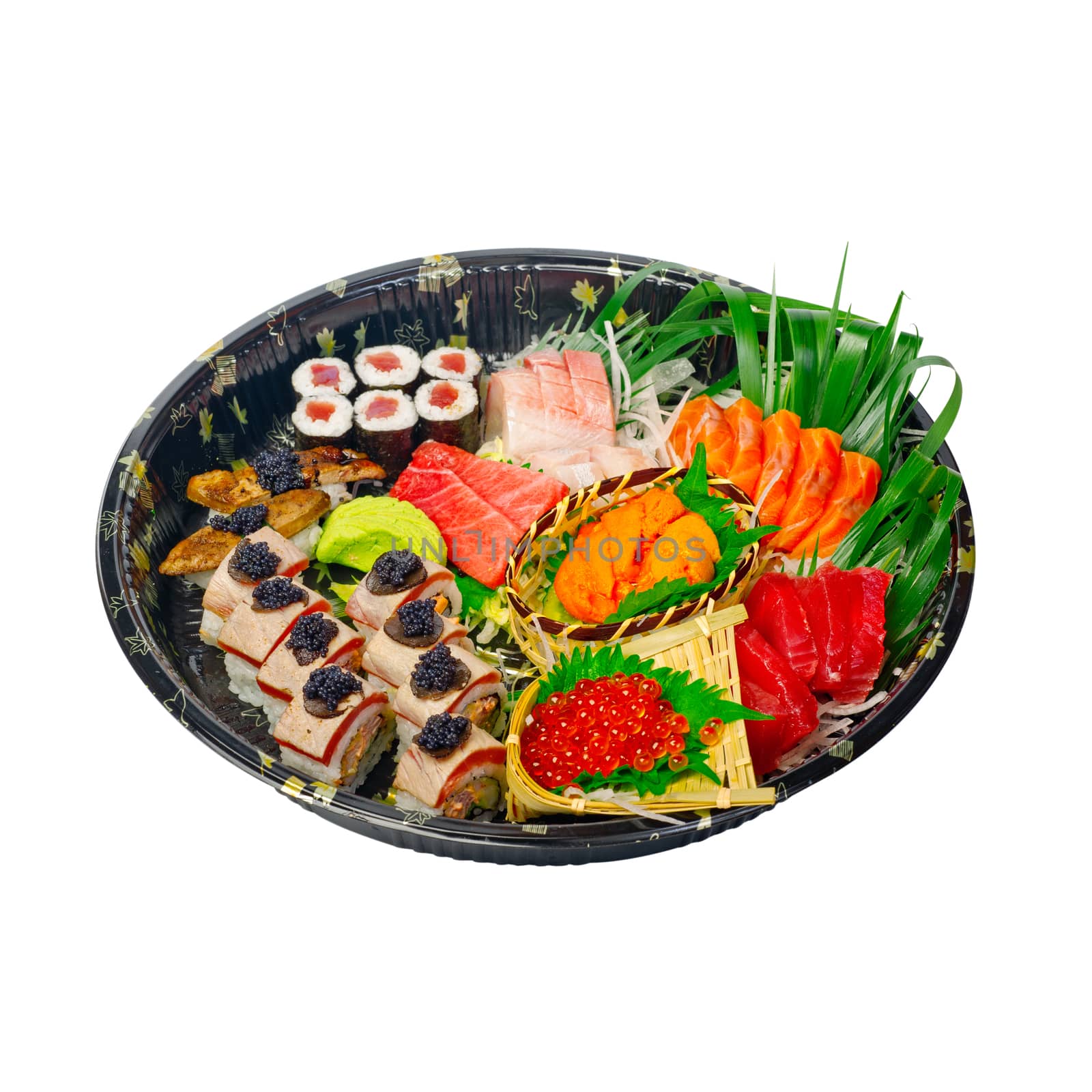 take away selection of fresh sushi express on plastic tray 