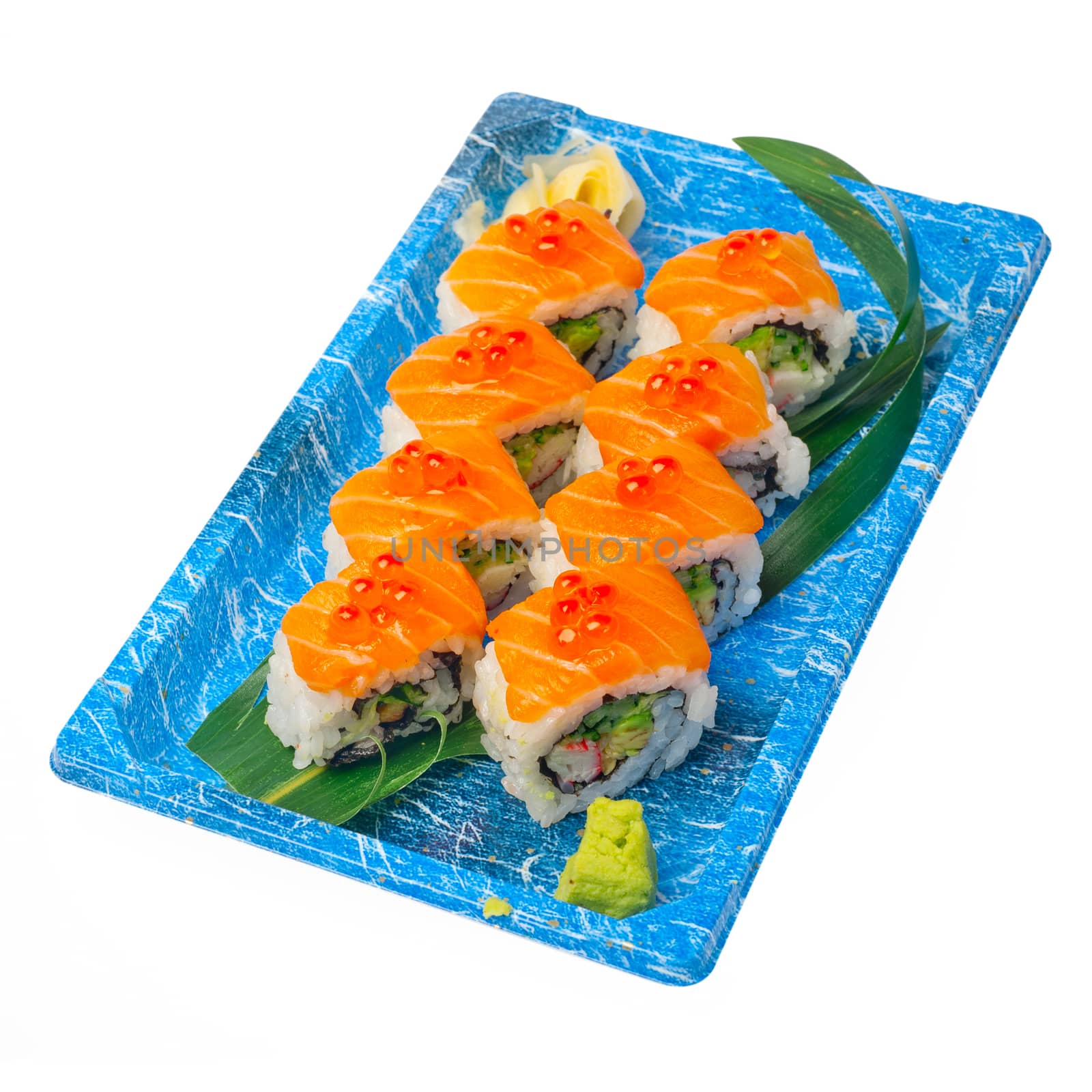 take away selection of fresh sushi express on plastic tray 