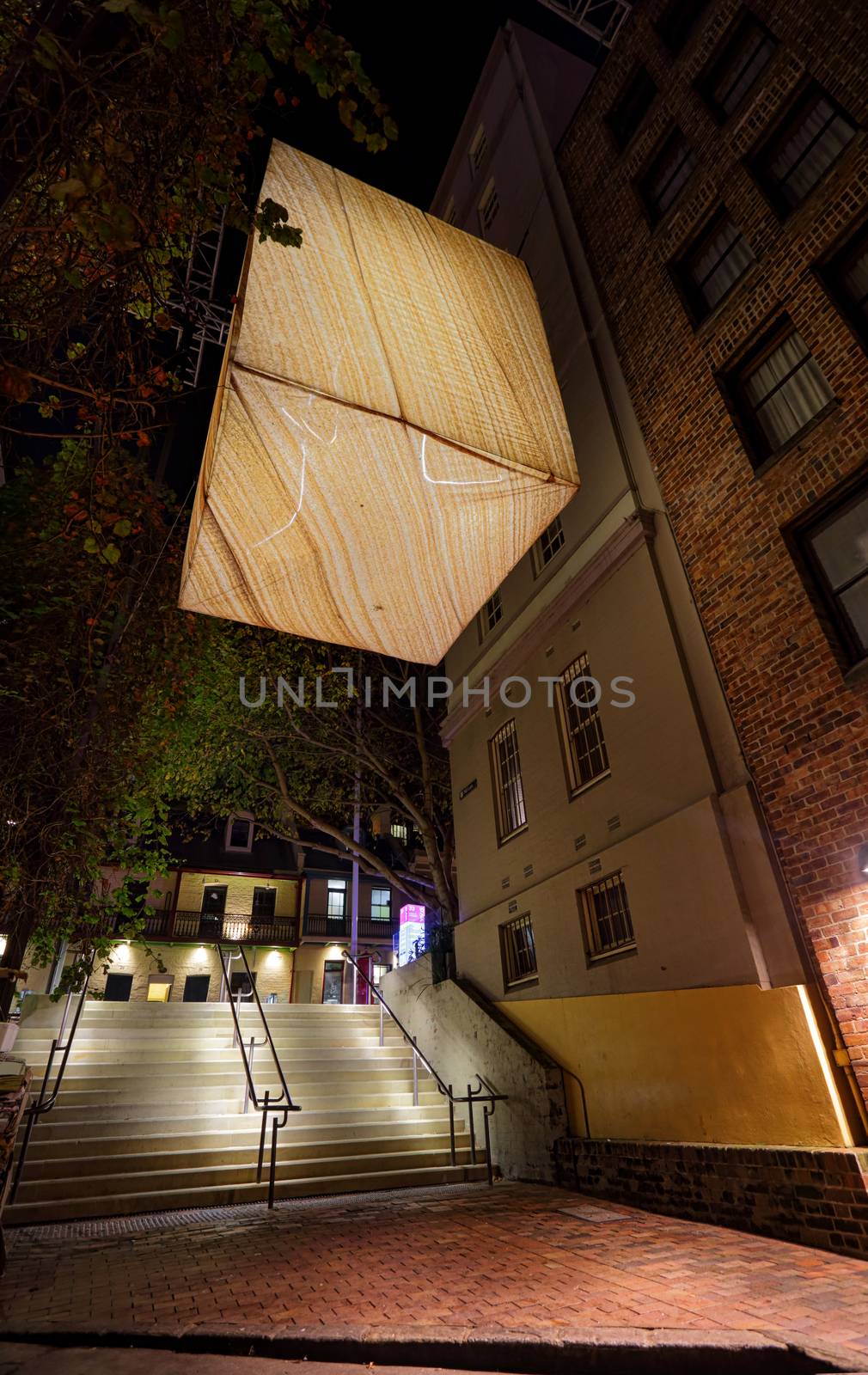 SYDNEY, AUSTRALIA - MAY 26, 2015;  Legacy of Landscape is a huge suspended light made of sandstone and a warm glow emanates from within, conjuring an image of a campfire in a cave. Artist Peter Langford