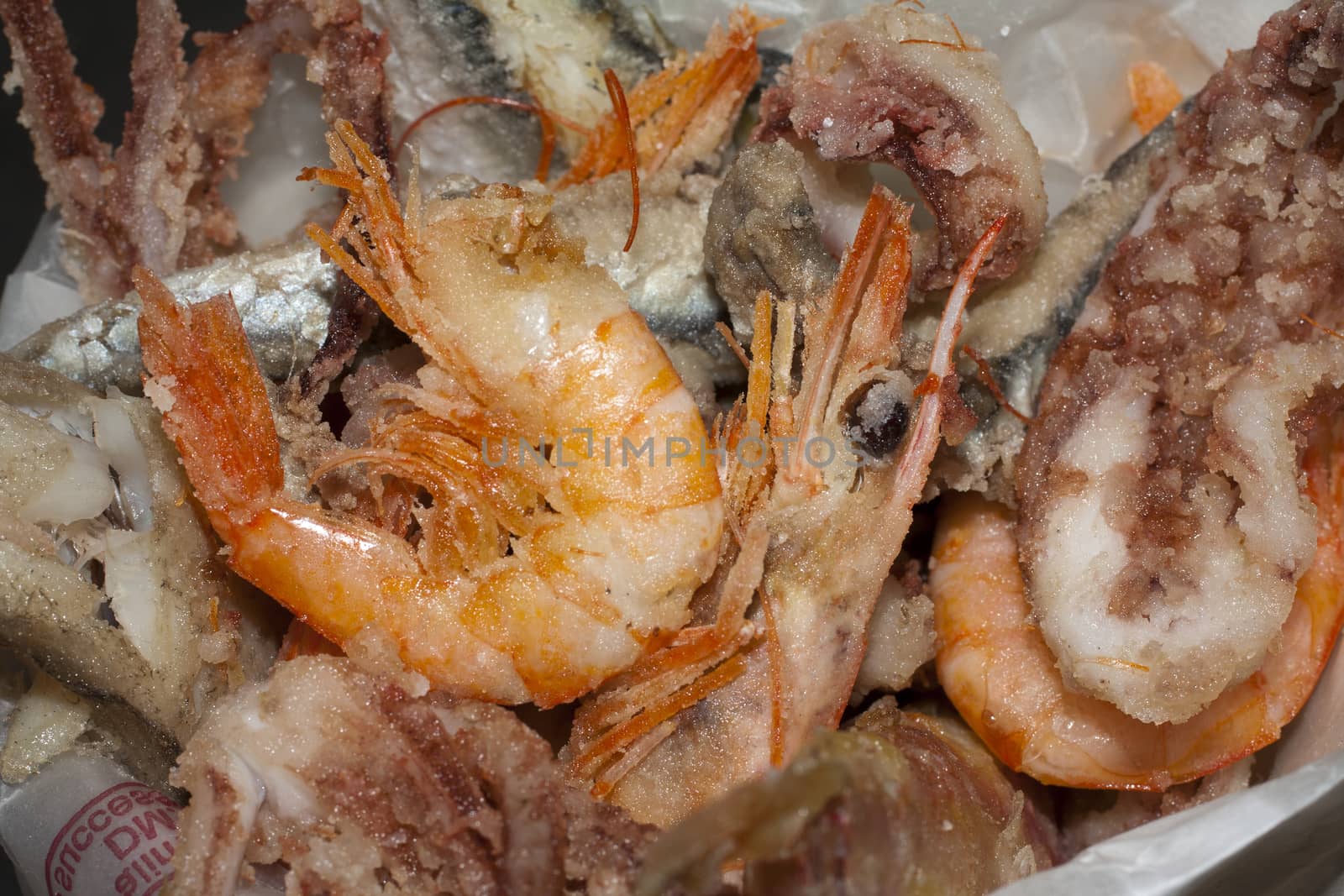 fish fry, frittura di pesce with shrimps, squid and anchovies