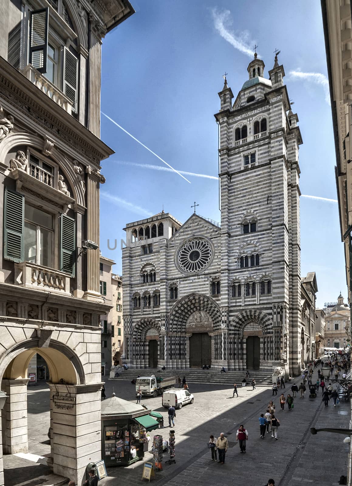 St Lorentz cathedral in Genoa, italy and view of the city