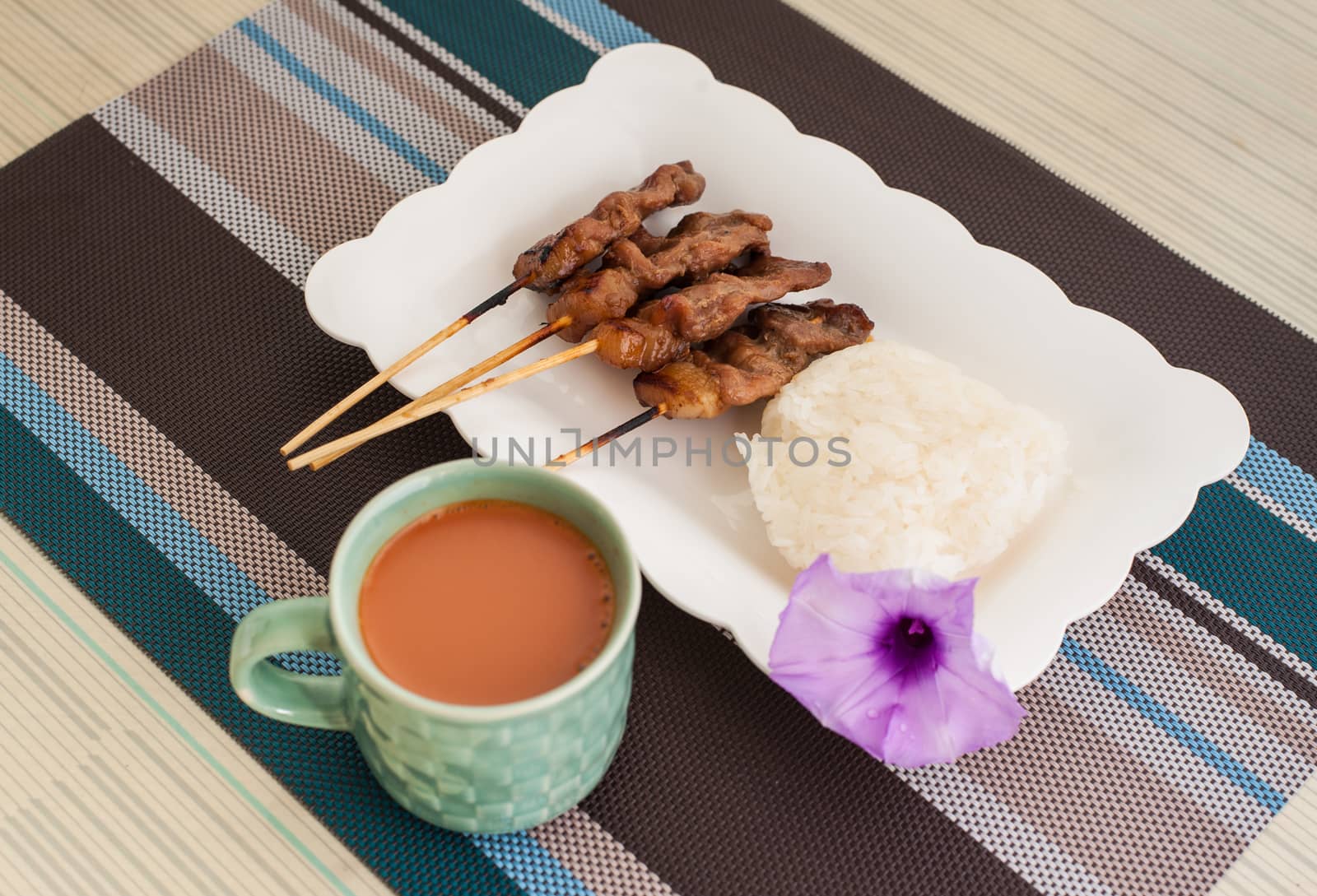 Grilled Pork, Pork Steak, Barbecue Pork With Rice And Hot Milk T by jimbophoto