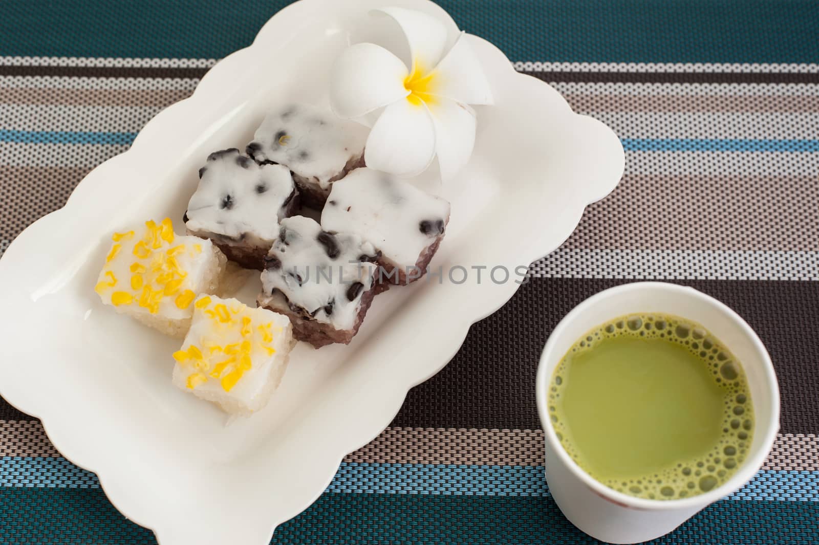 Traditional Thai Dessert With Hot Milk Green Tea  On Plate, thai style,sweet,very tasty