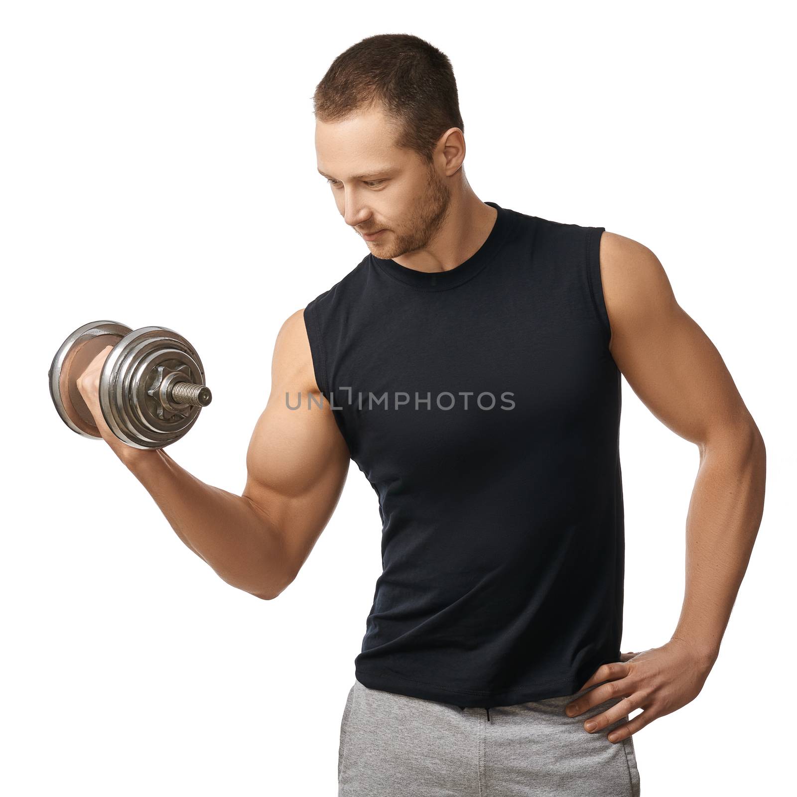 Muscular bodybuilder guy doing exercises with dumbbells  by shivanetua