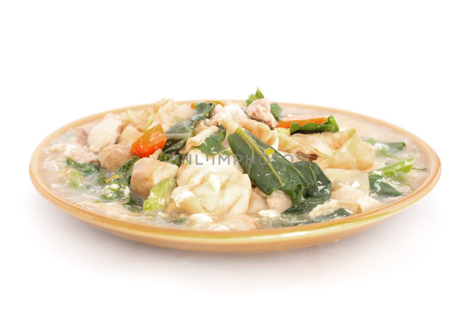 Fried Rice Noodles Topped With Pork, Thai Style And Asia Style, Popular, On White Background