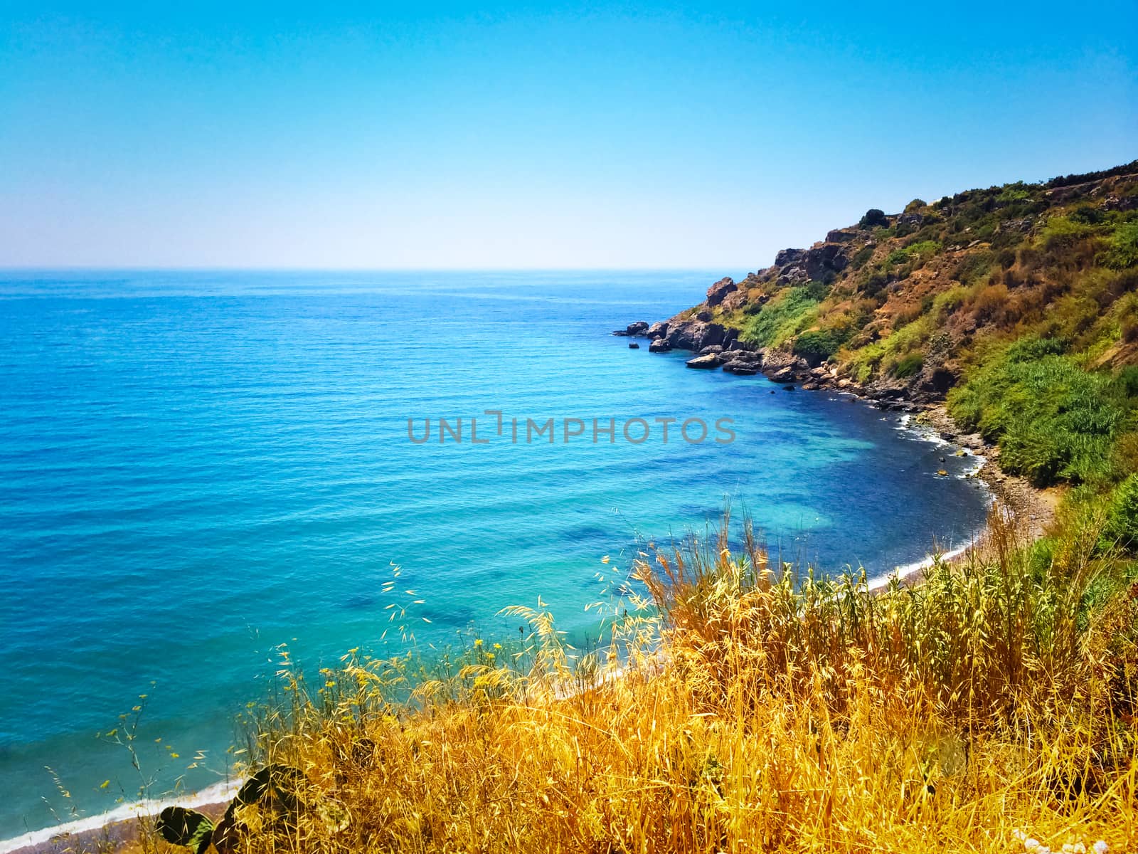 Landscape with blue sea and rocky coast. Andalusia, Spain.