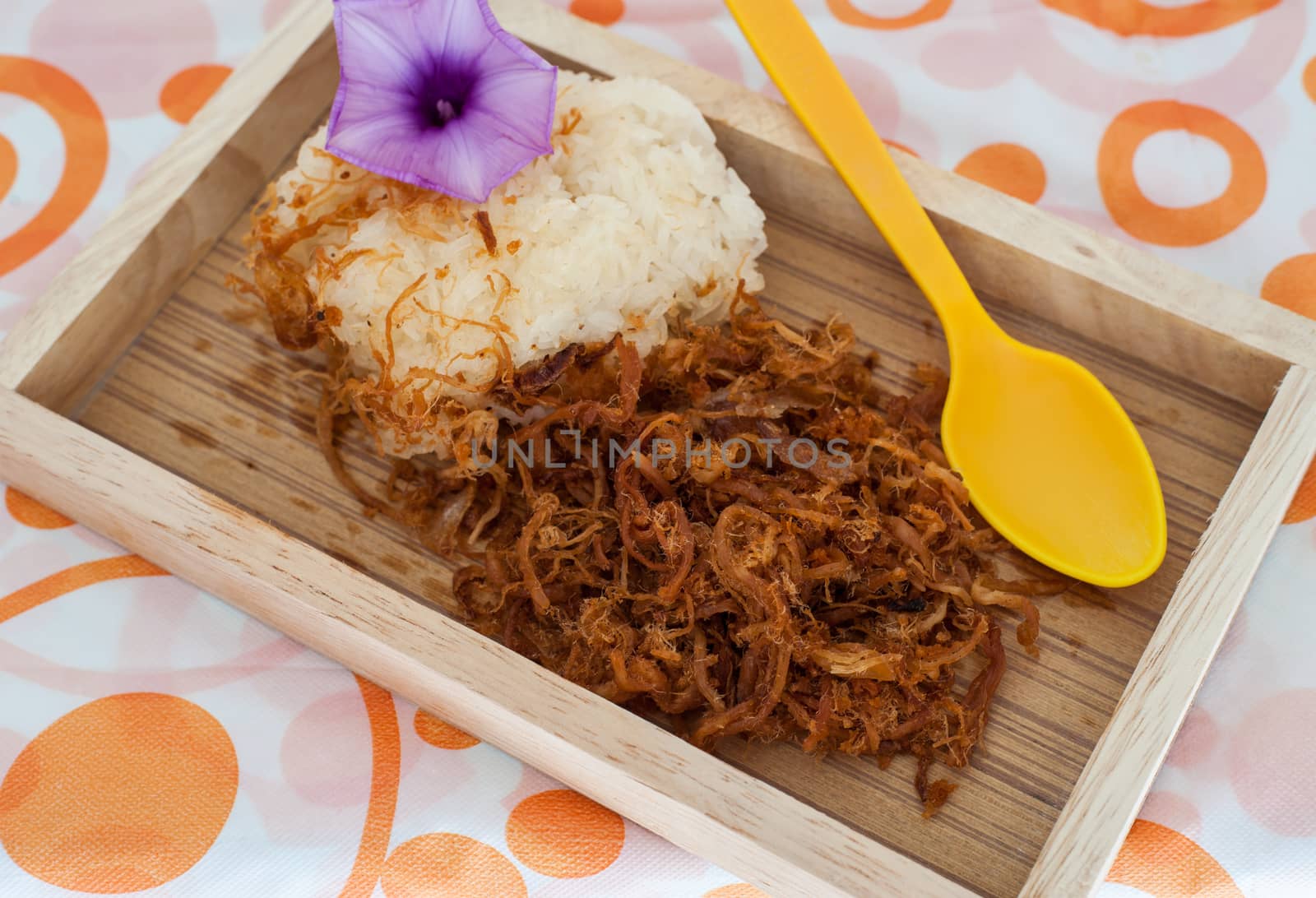 Sticky rice with fried pork, Thai food,Thai style,Local food
