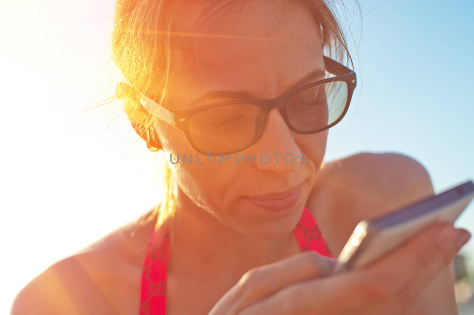 Woman at beach, close up still life portrait