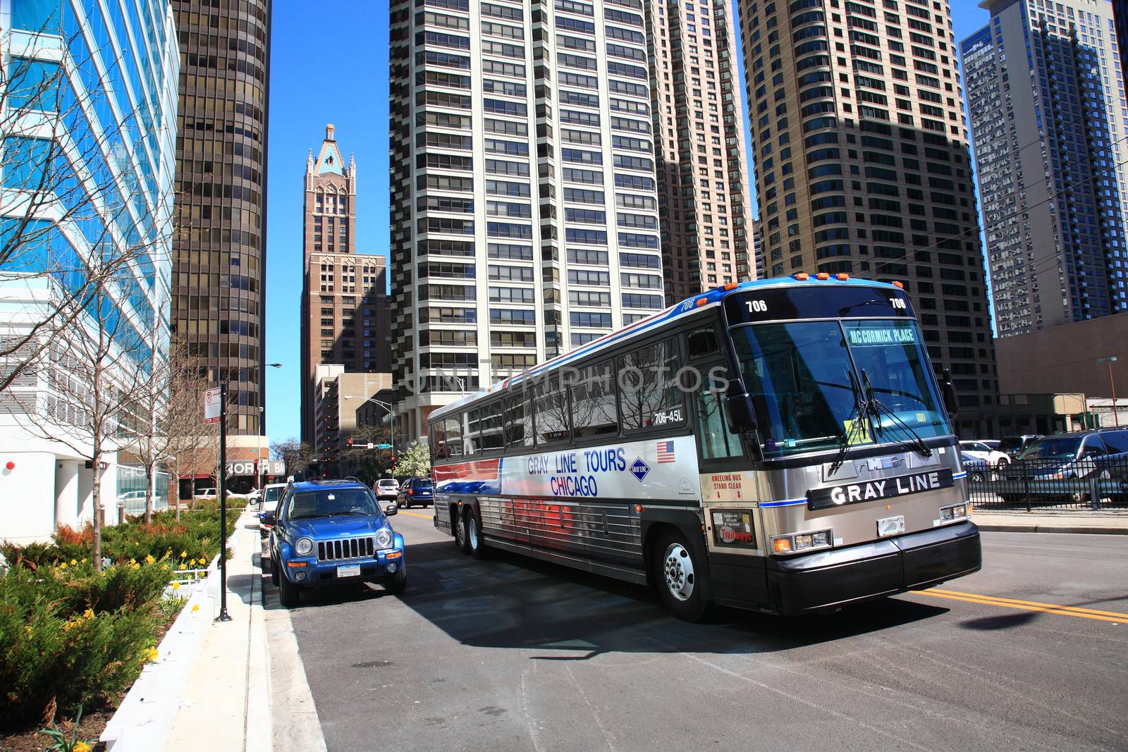 Chicago city street scene with tour bus.