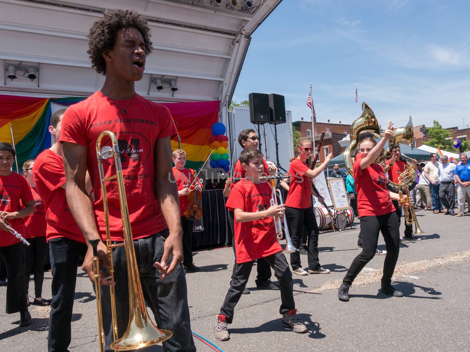 Nyack, NY, USA - June 14, 2015: Nyack High School Marching Band performing at Rockland County Pride 2015.