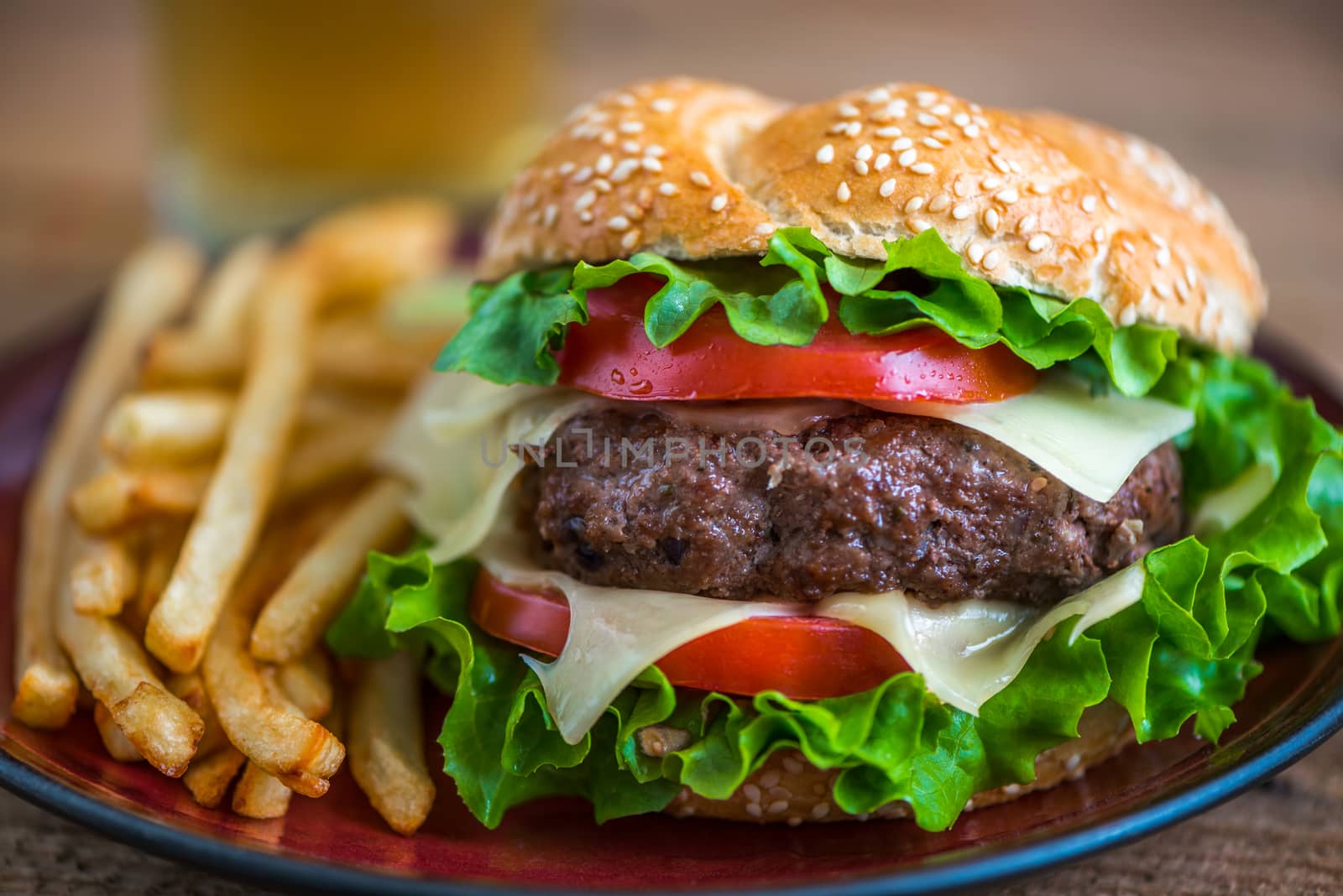 Closeup of Homemade Hamburger with Fresh Vegetables and French Fries on a Plate