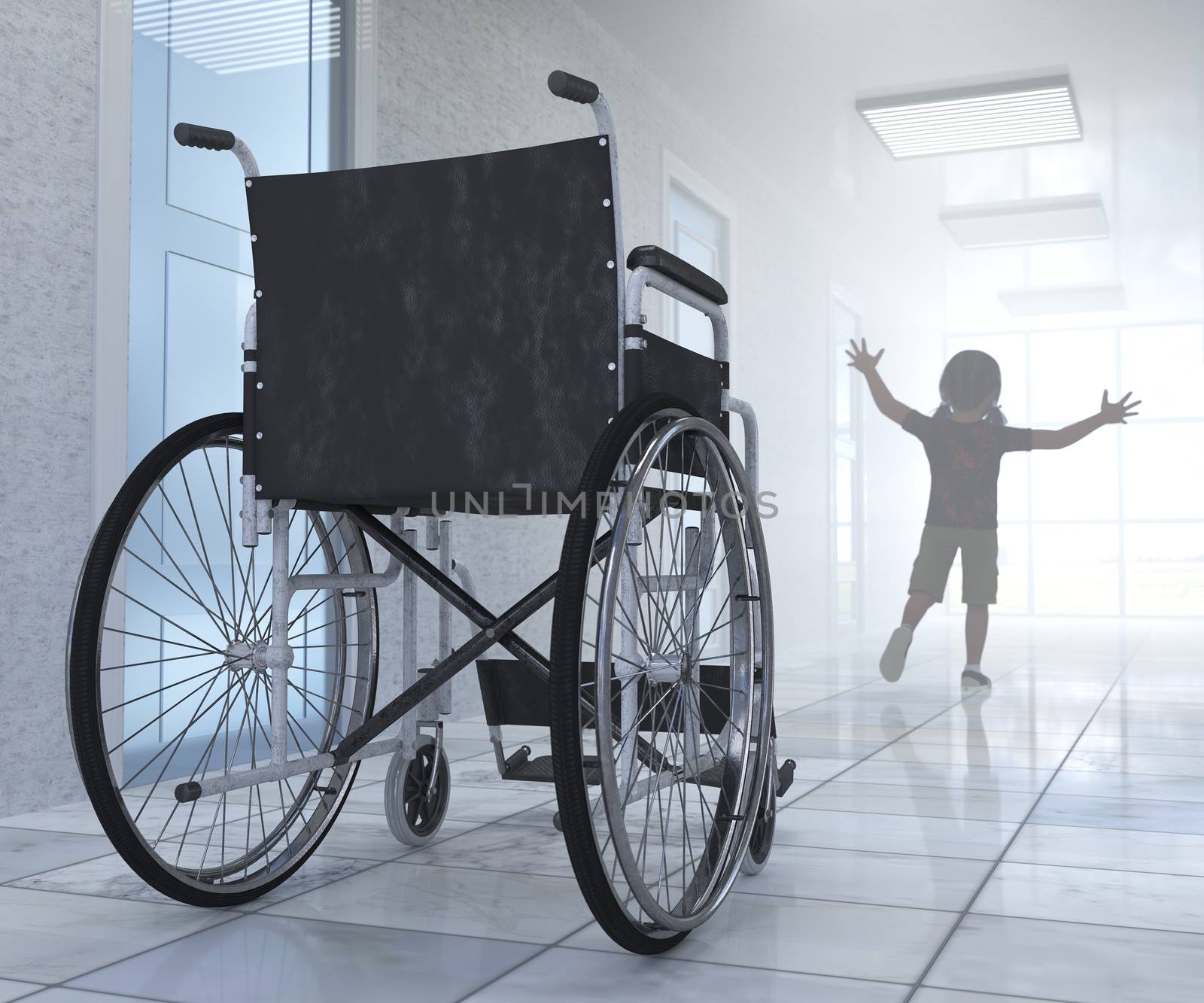 Empty wheelchair parked in hospital hallway with child figure hope concept background