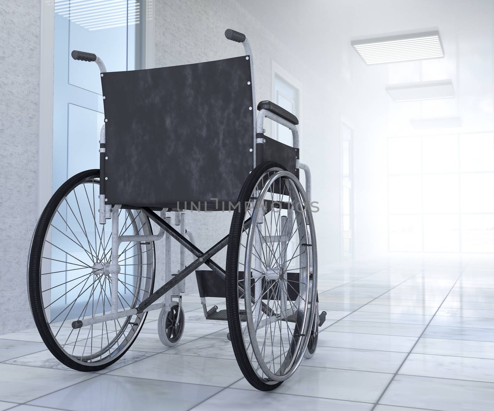 Empty wheelchair parked in hospital hallway  hope concept background