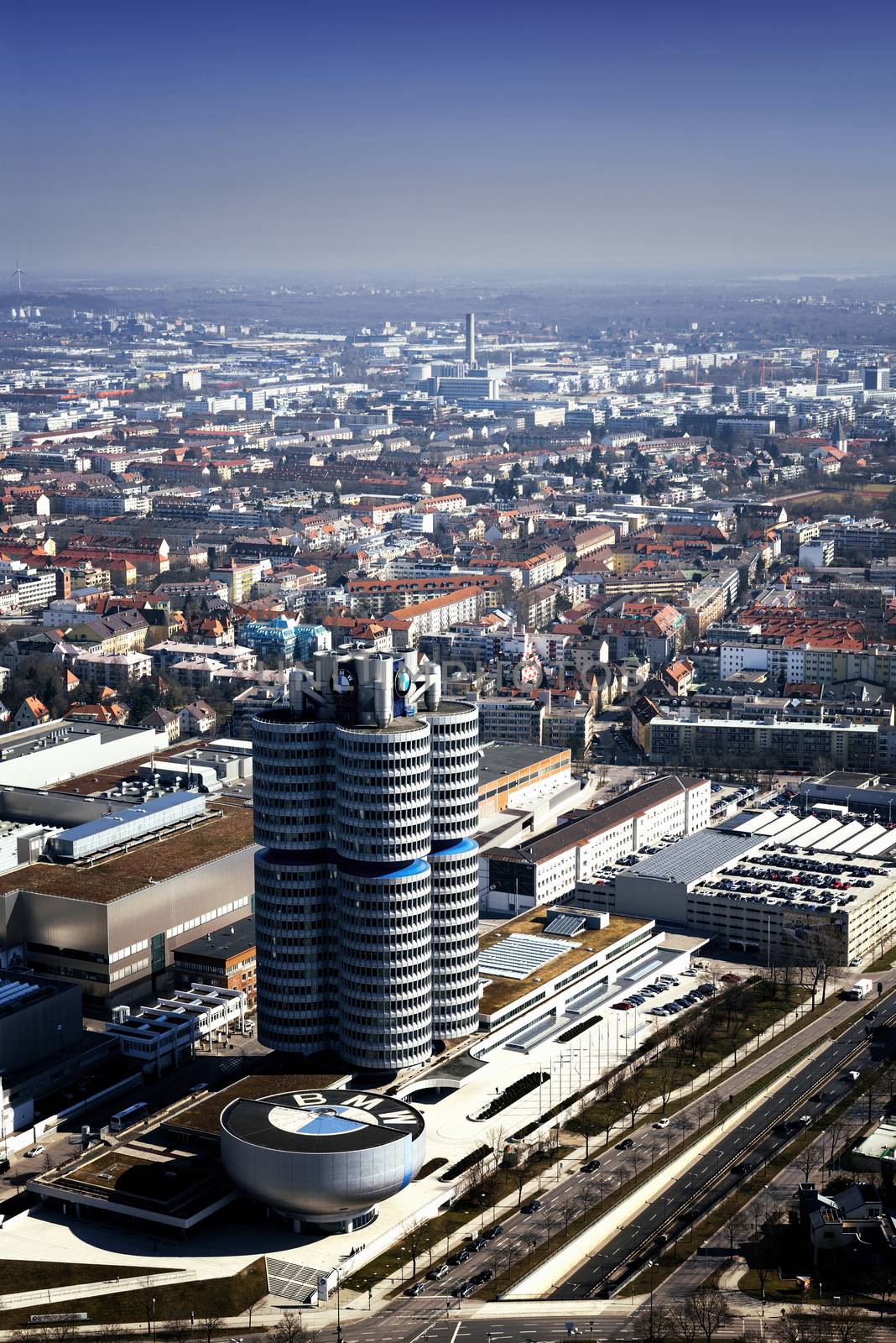 MUNICH, GERMANY - JANUARY 5: BMW Headquarters on March 10, 2015. The four vertical cylinders building is a Munich landmark which is world headquarters for the Bavarian automaker.