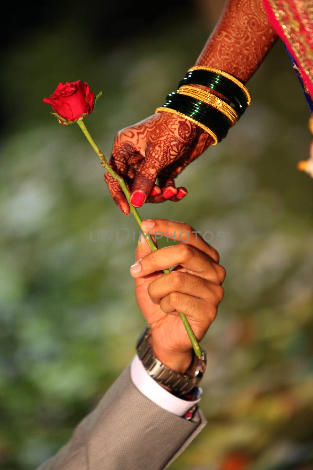 A groom offering a red rose to his bride whose hand is beautifully decorated with traditional bangles and mehendi
