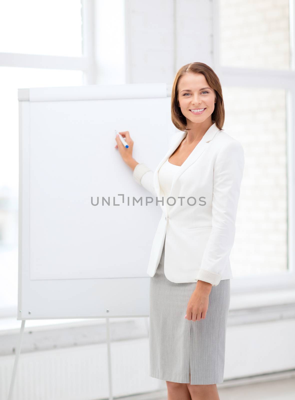 smiling businesswoman writing on flipchart by dolgachov