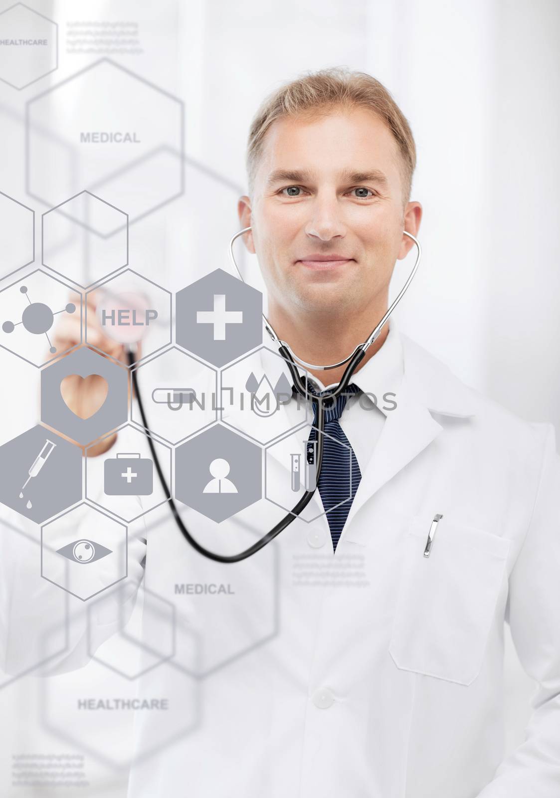 doctor with stethoscope and virtual screen by dolgachov