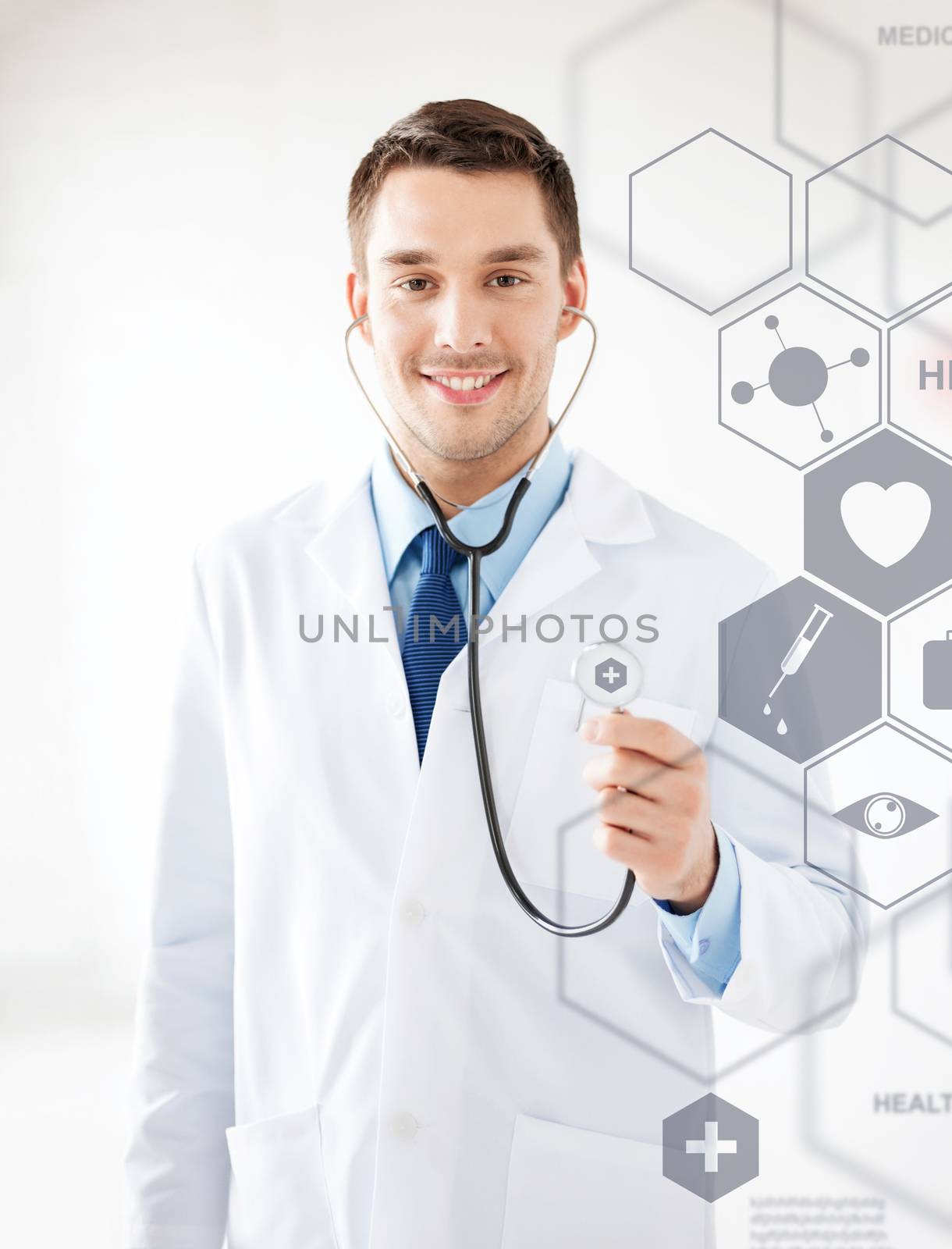 healthcare, medical and future technology concept - male doctor with stethoscope and virtual screen