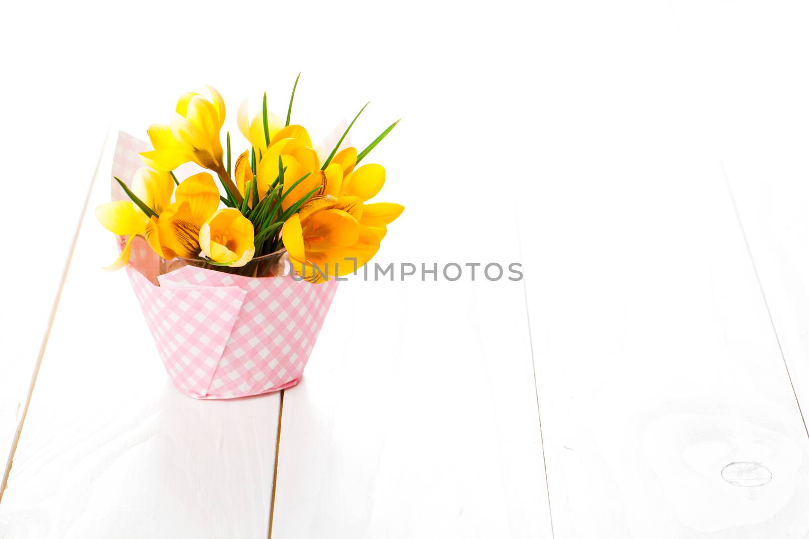 crocus flowers on white wooden background